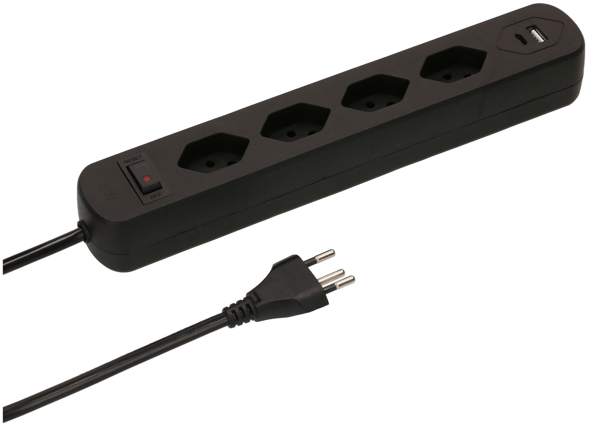 Max Hauri AG Basic Line Steckdosenleiste – 4× T13, USB‑A/C 17 W, 1,5 m, mit Schalter, Schwarz