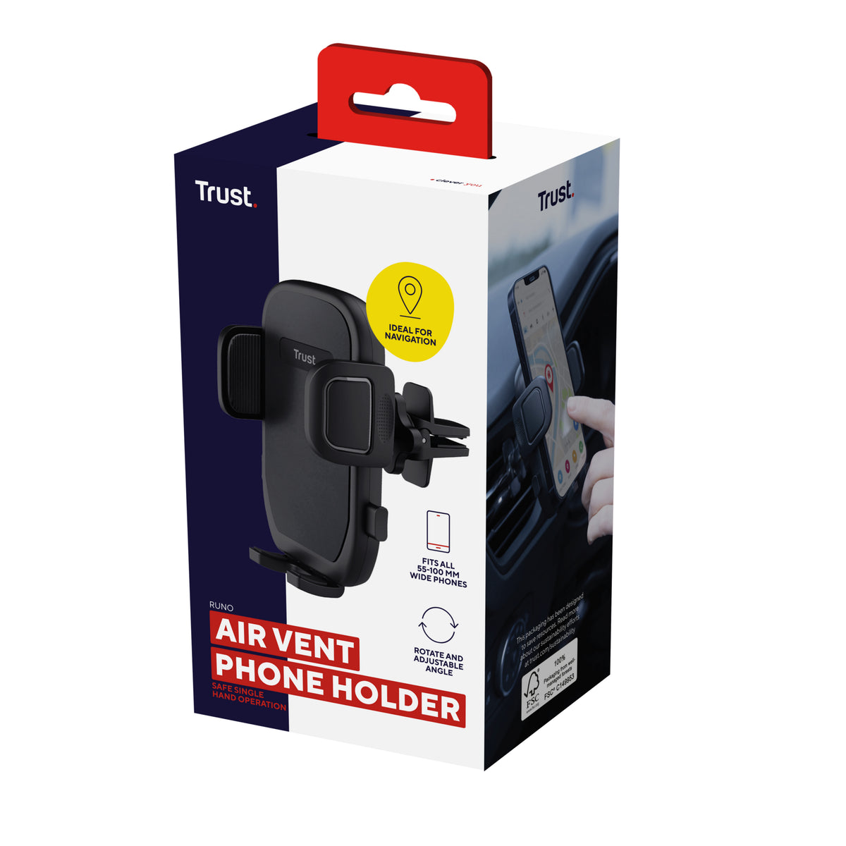 Trust Runo – Auto-Halterung – Lüftungsschlitz, für Bildschirme 10,2–17,8 cm, 360°-Drehung, Schwarz