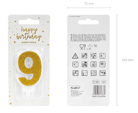 PartyDeco Geburtstagskerzen Zahl 9 – Gold – 7 cm – 1 Stk