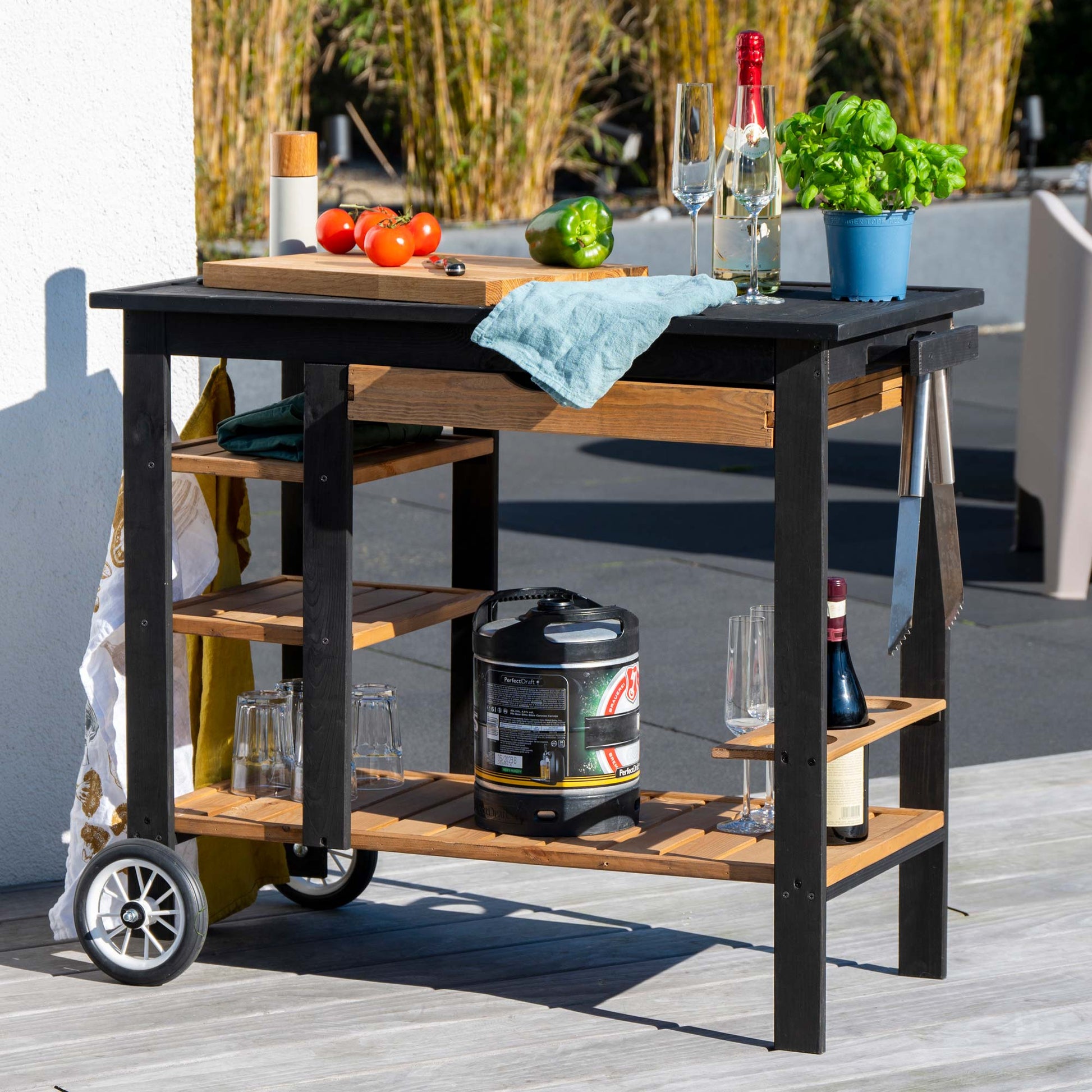 Dobar BBQ-Trolley – Schwarz, Braun – Pinienholz – Tisch 95 × 48 × 84 cm