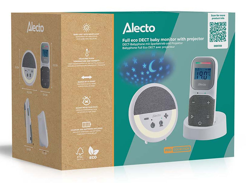 Alecto DBX150 – DECT-Babyphone, 2-Wege-Audio, Nachtlicht, Reichweite 50 m/300 m, Akku 16 h, Hygrometer