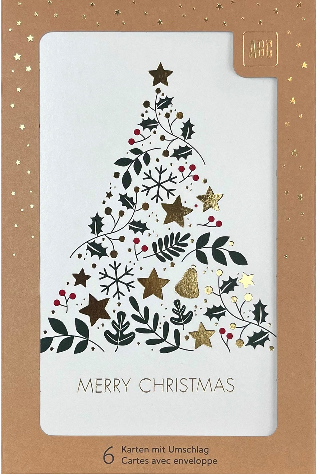 ABC Karten-Set mit Couverts – B6, mit Couvert, Weihnachtsbaum mit Sternen – 6 Sets