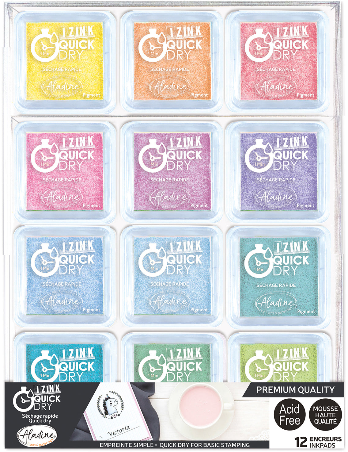 Aladine Stempelkissen – Izink Quick Dry – 33 × 33 mm – Pastellfarben – 12er-Set