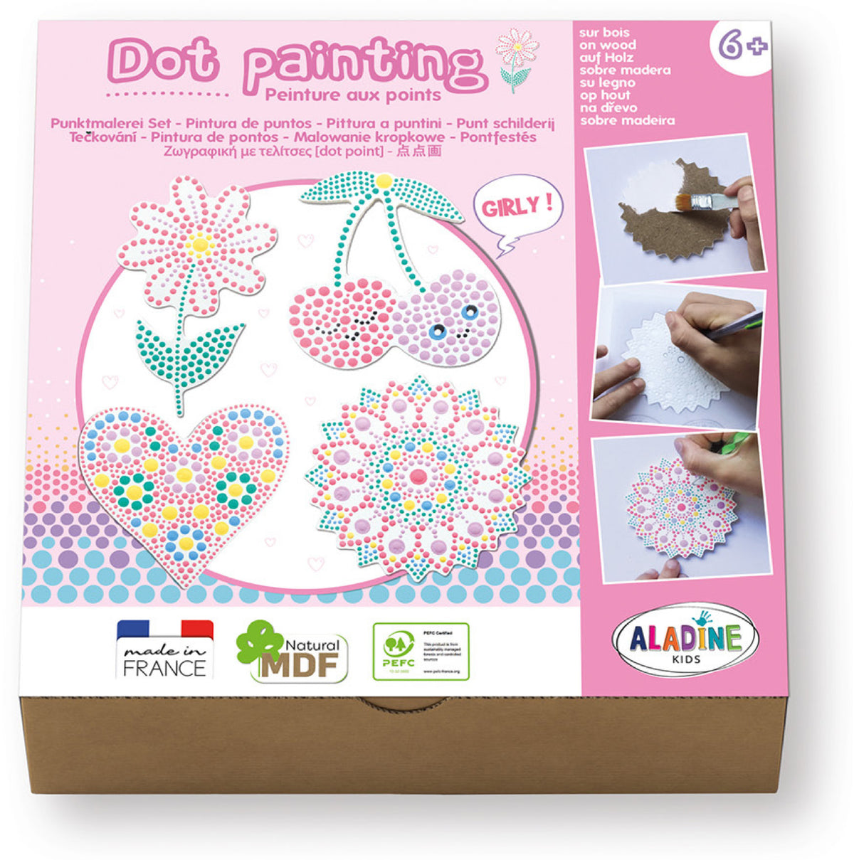 Aladine Dot-Painting-Set Girly – MDF-Motive (Blume, Herz, Kirsche, Mandala) – 3-teilig