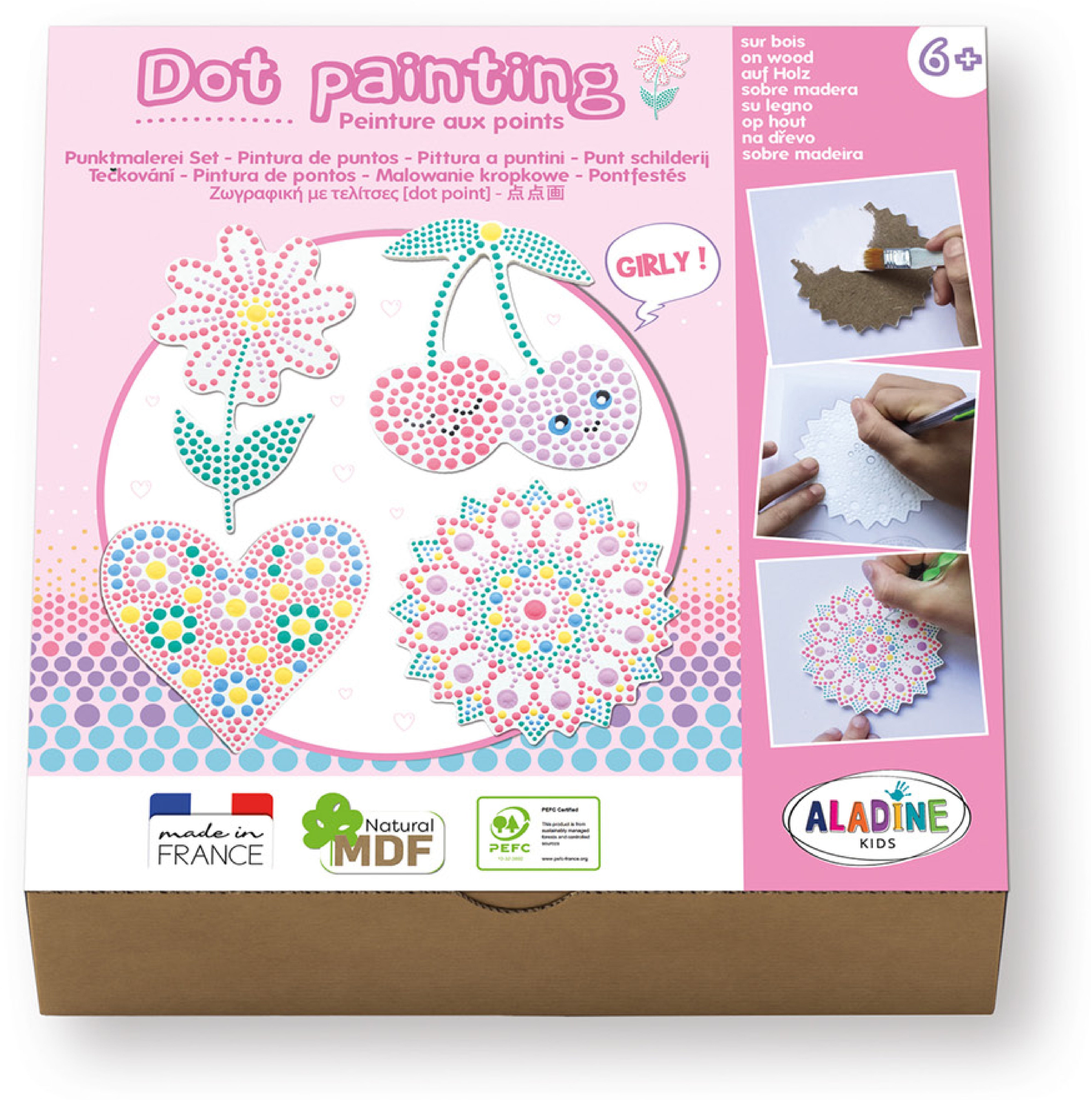 Aladine Dot-Painting-Set Girly – MDF-Motive (Blume, Herz, Kirsche, Mandala) – 3-teilig