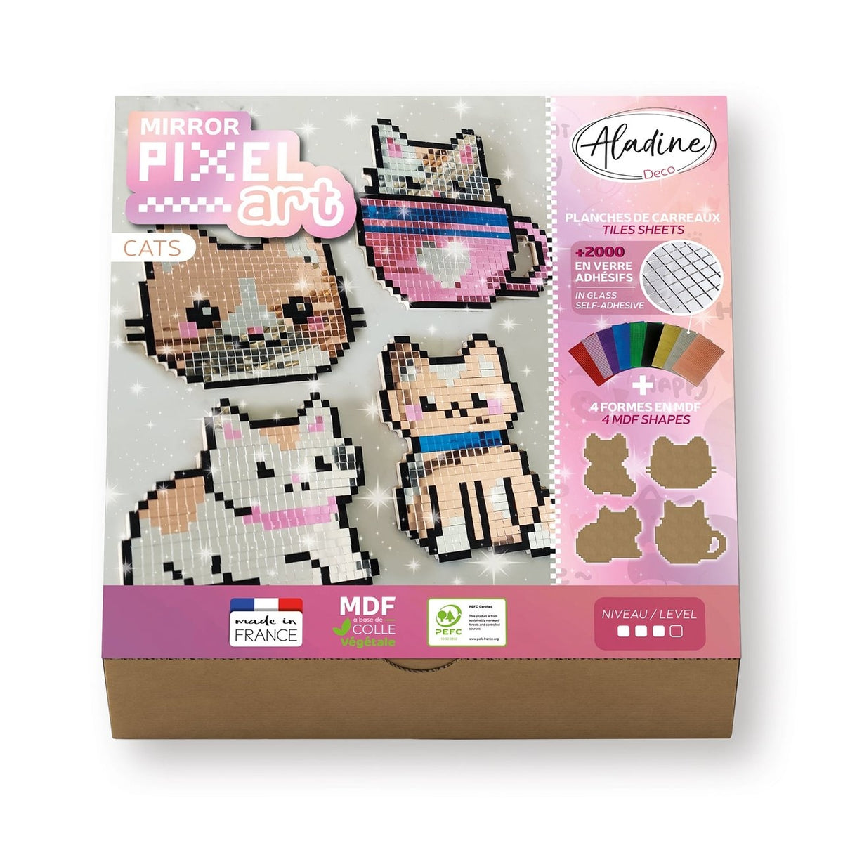 Aladine Pixel Art Set – Bastelset – Katzen – 4-teilig – Spiegel-Mosaik – 85624