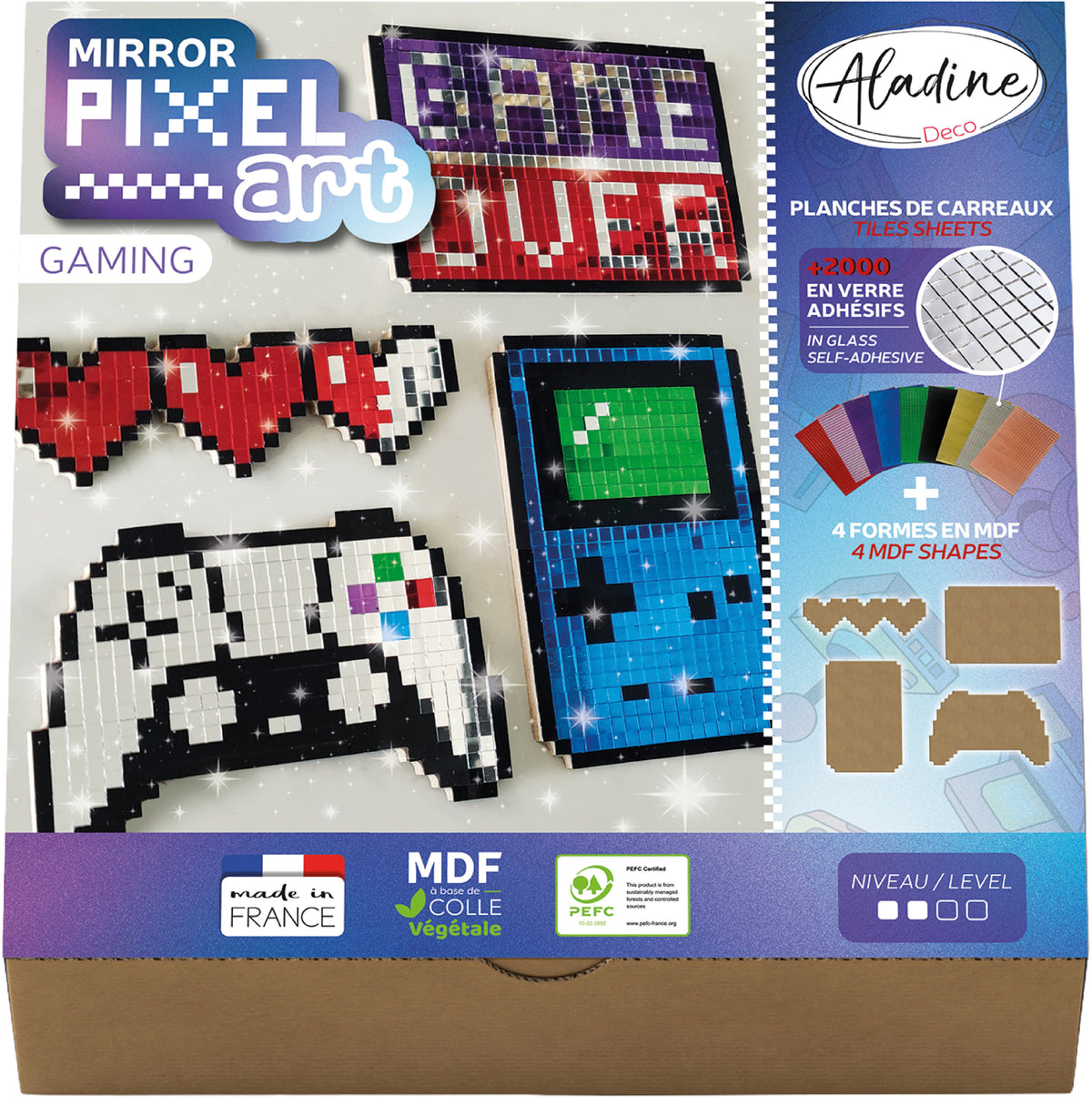 Aladine Pixel Art – Bastelset – Gaming (Spiegel-Mosaik) – 4-teilig – 85625