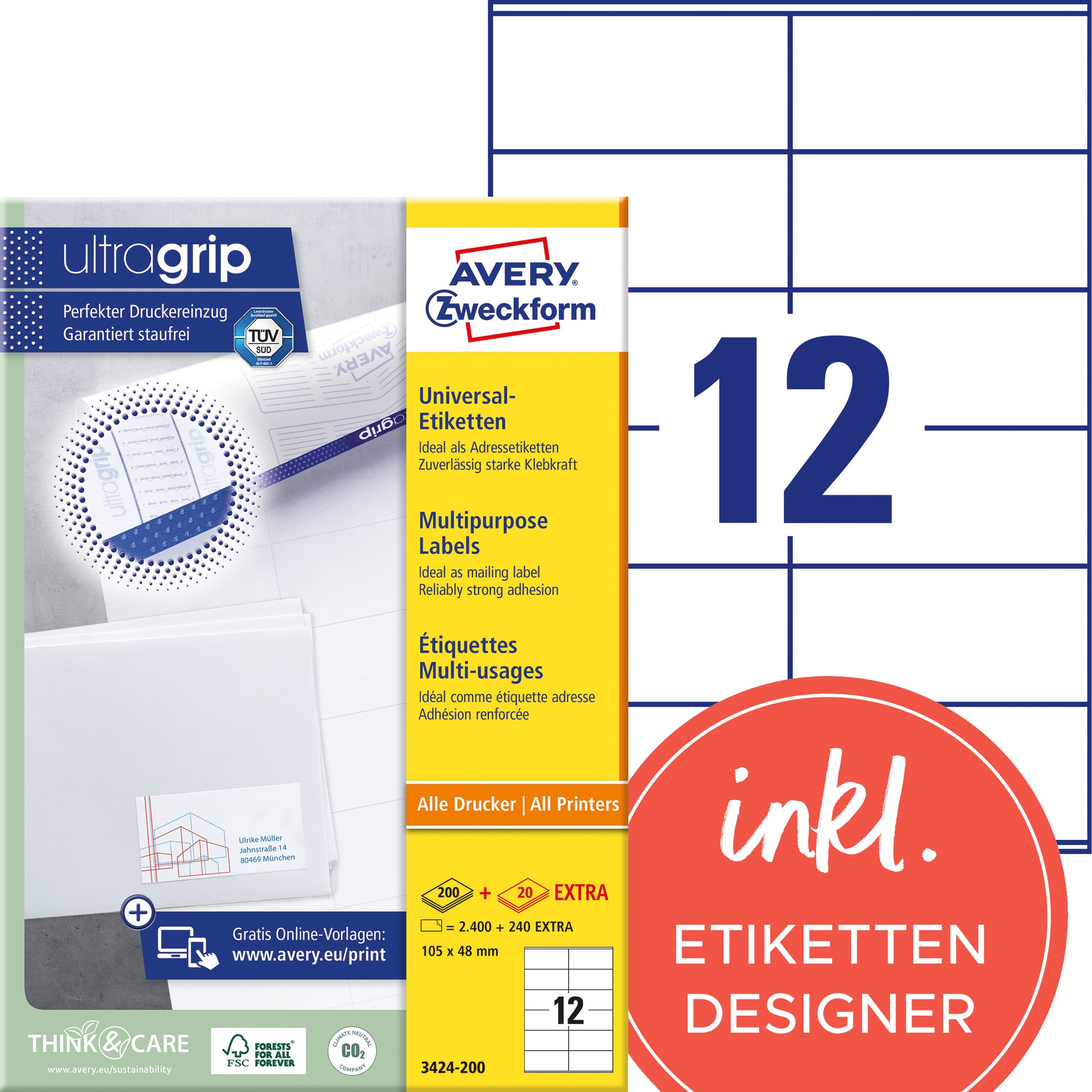 AVERY Zweckform Haftetiketten – rechteckig 105 × 48 mm, permanent, weiss, A4, 200 Blatt (2'400 Stk.)