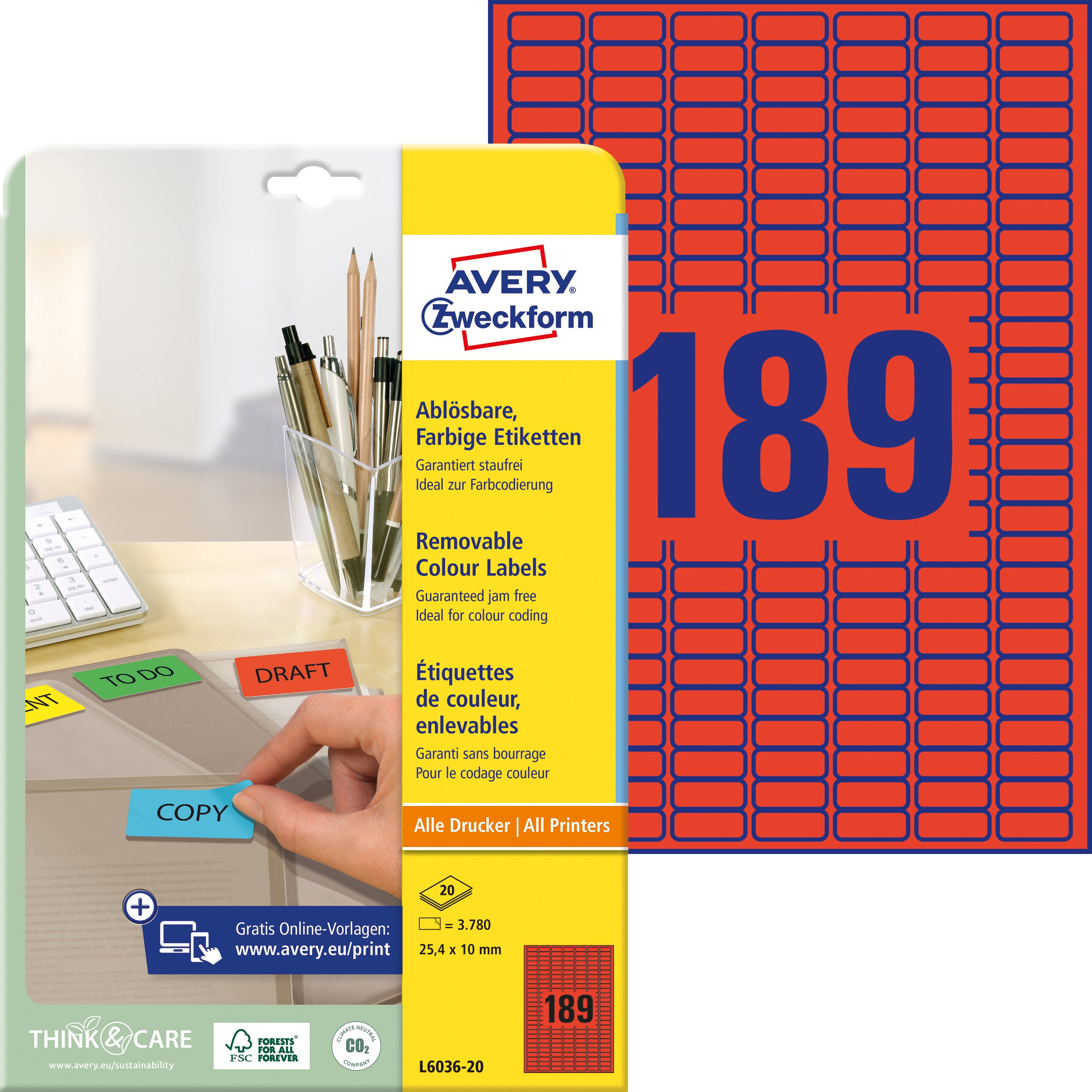 Avery Etiketten A4 25 × 10 mm – Papier, rot – wiederablösbar – Laser/Inkjet – 189 pro Blatt, 20 Blätter