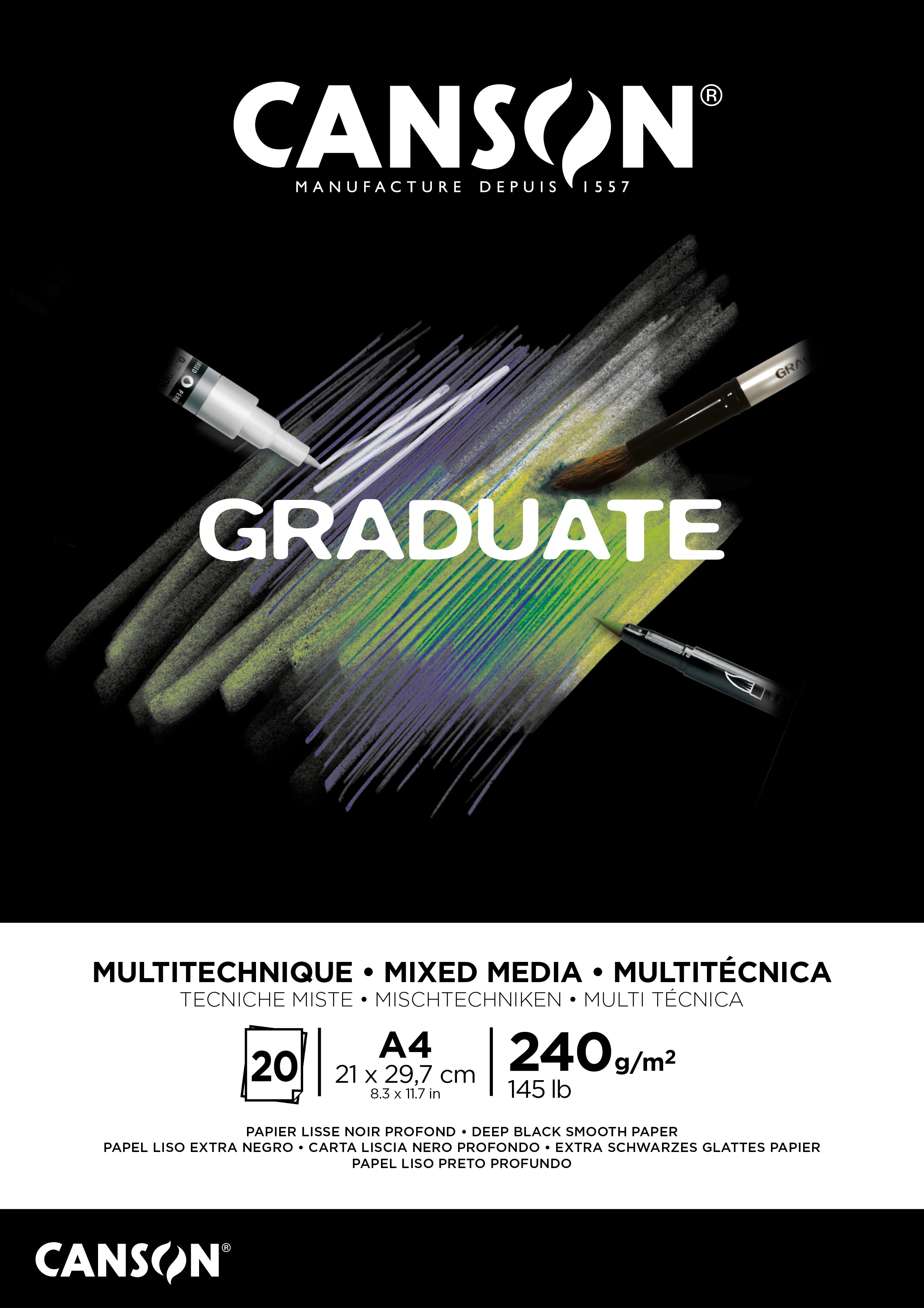 Canson Mixed Media Block – A4 – 240 g/m² – geleimt – 20 Blatt, schwarz – für Bleistift, Aquarell & Marker