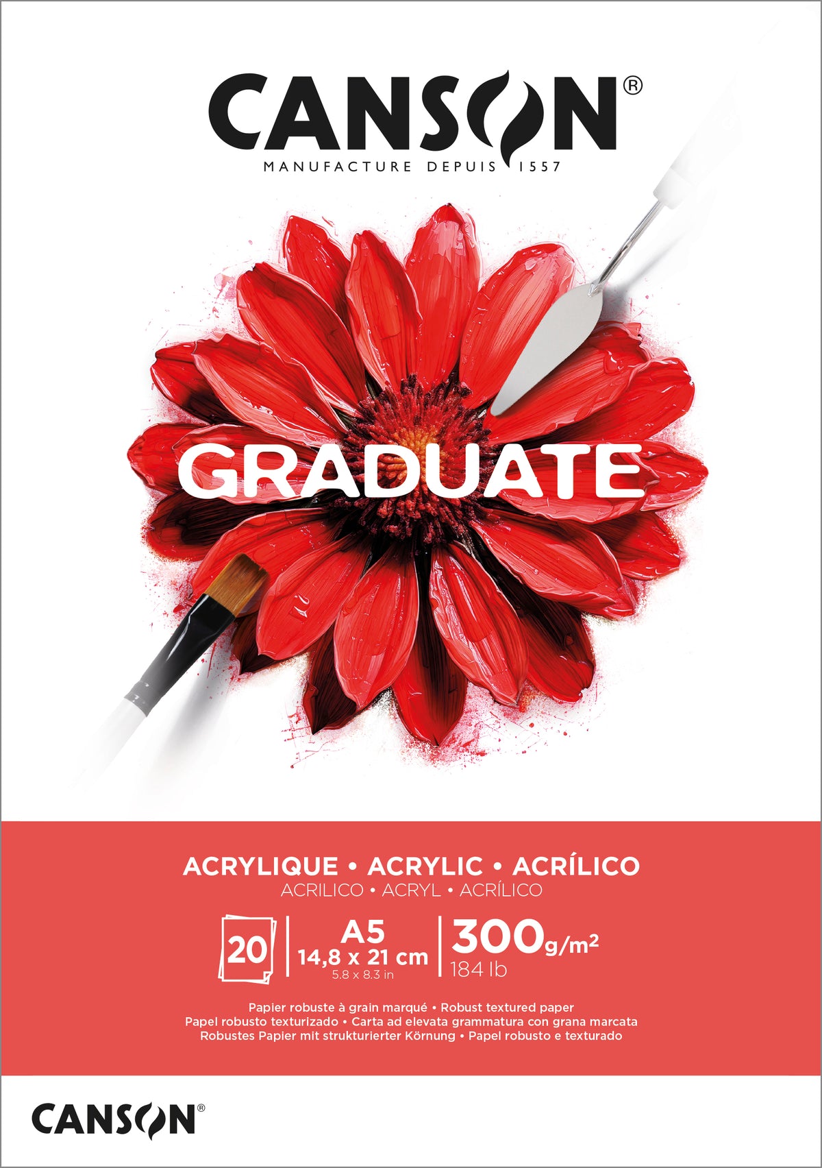 Canson Graduate Mixed Media Block – A5 – 300 g/m² – 20 Blätter, weiss, rau, für Acryl
