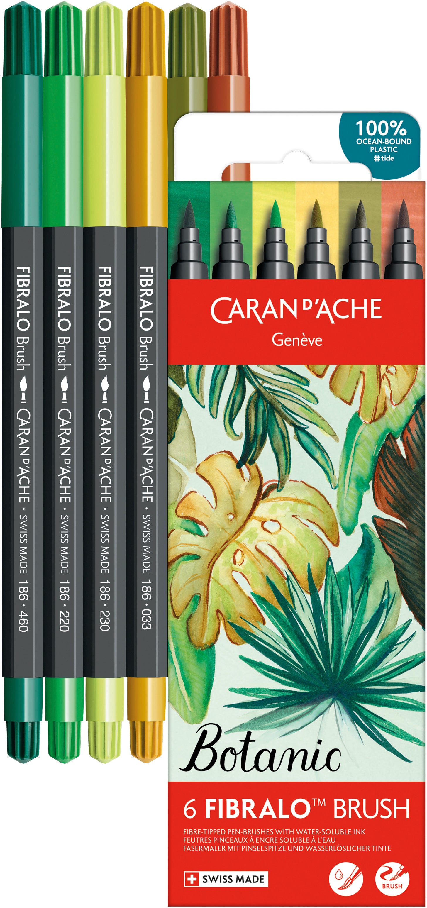 Caran d-Ache Caran d'Ache Fibralo Brush Filzstift, Botanic – Pinselspitze, 0,5–5 mm, wasservermalbar, 6 Farben