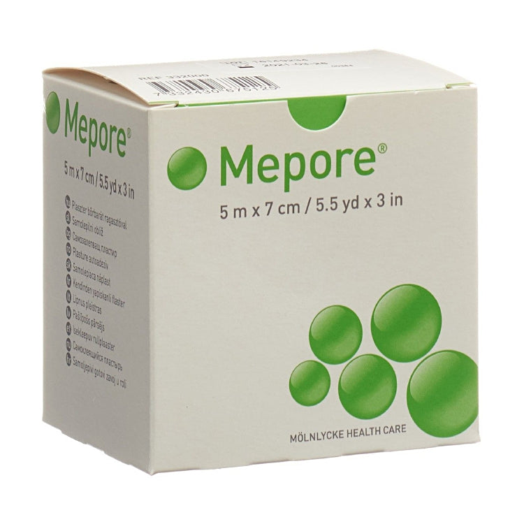 Mepore Pflasterrolle – 70 mm × 5 m, weiss, unsteril, mit Wundkissen
