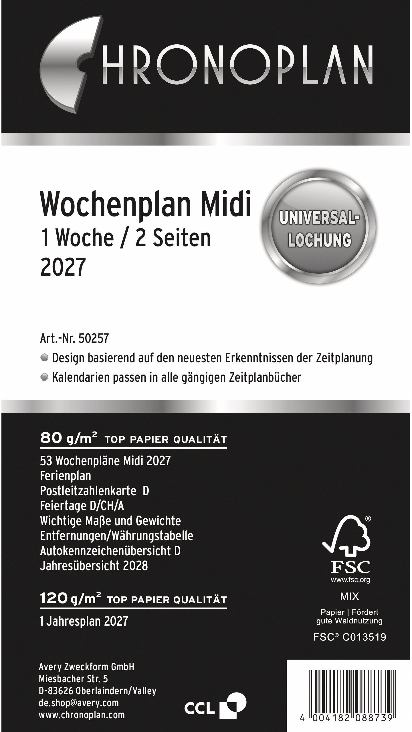 Chronoplan Kalendereinlage 2027, 1 Woche/2 Seiten, 9,9 × 17,4 cm