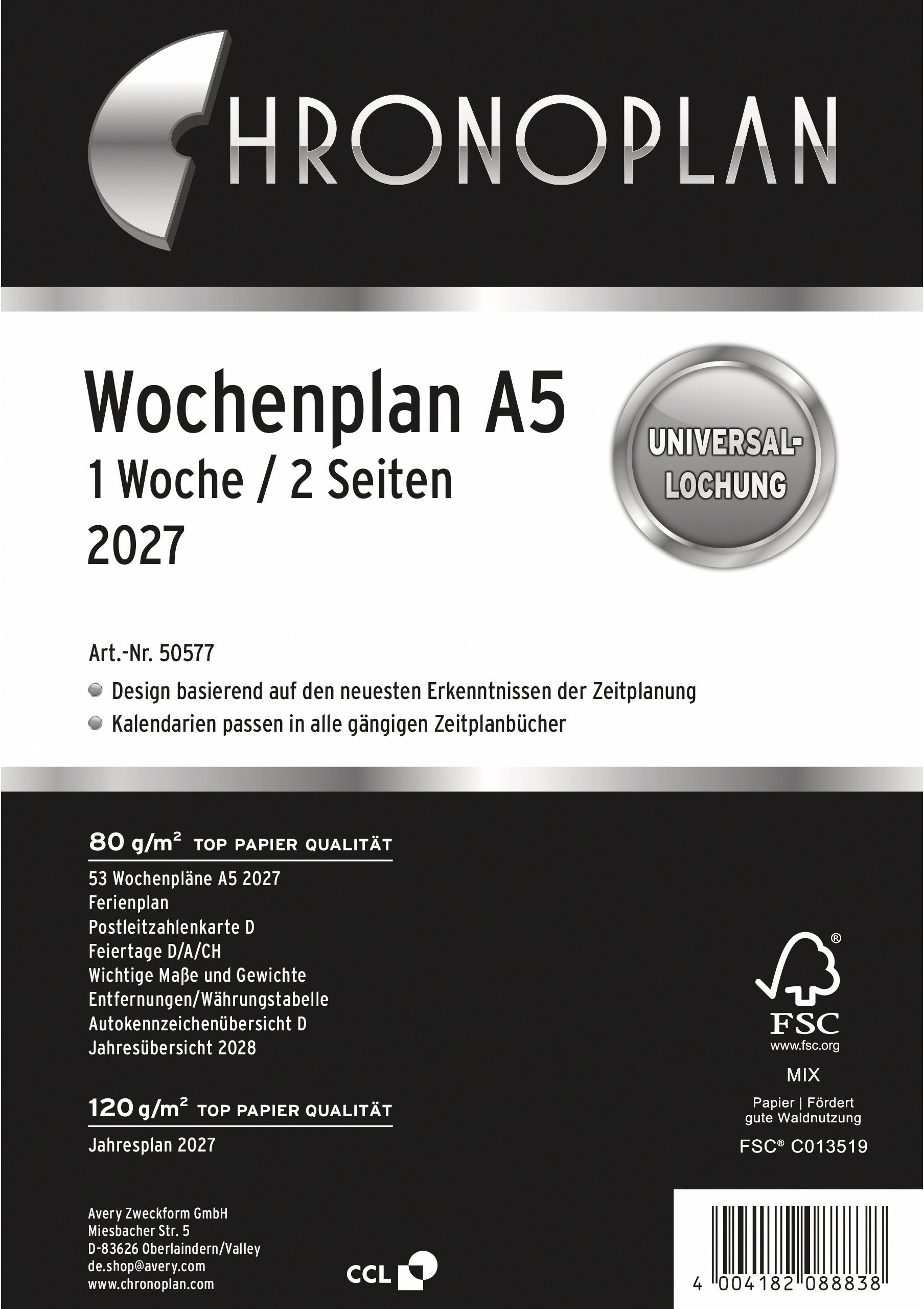 Chronoplan 50577Z.27 – Kalendereinlage 2027, 1 Woche/2 Seiten, A5, für Universallochung