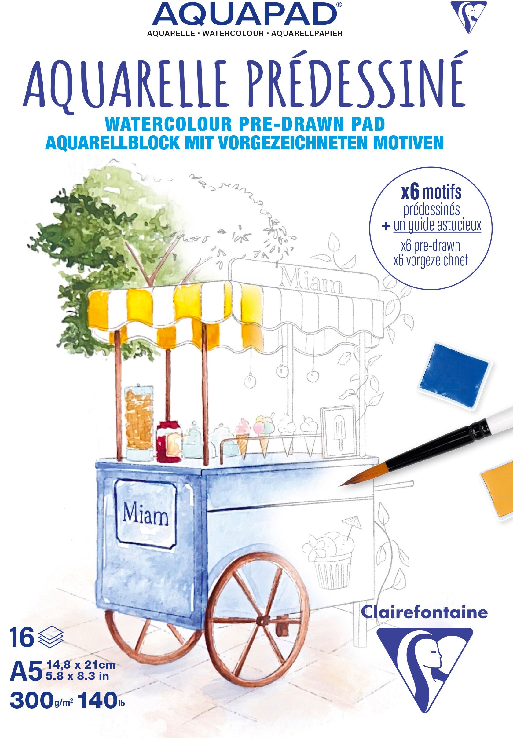 Clairefontaine Aquarellblock – A5 – 300 g/m² – 16 Blatt, Naturweiss, Feinkörnig – für Aquarell
