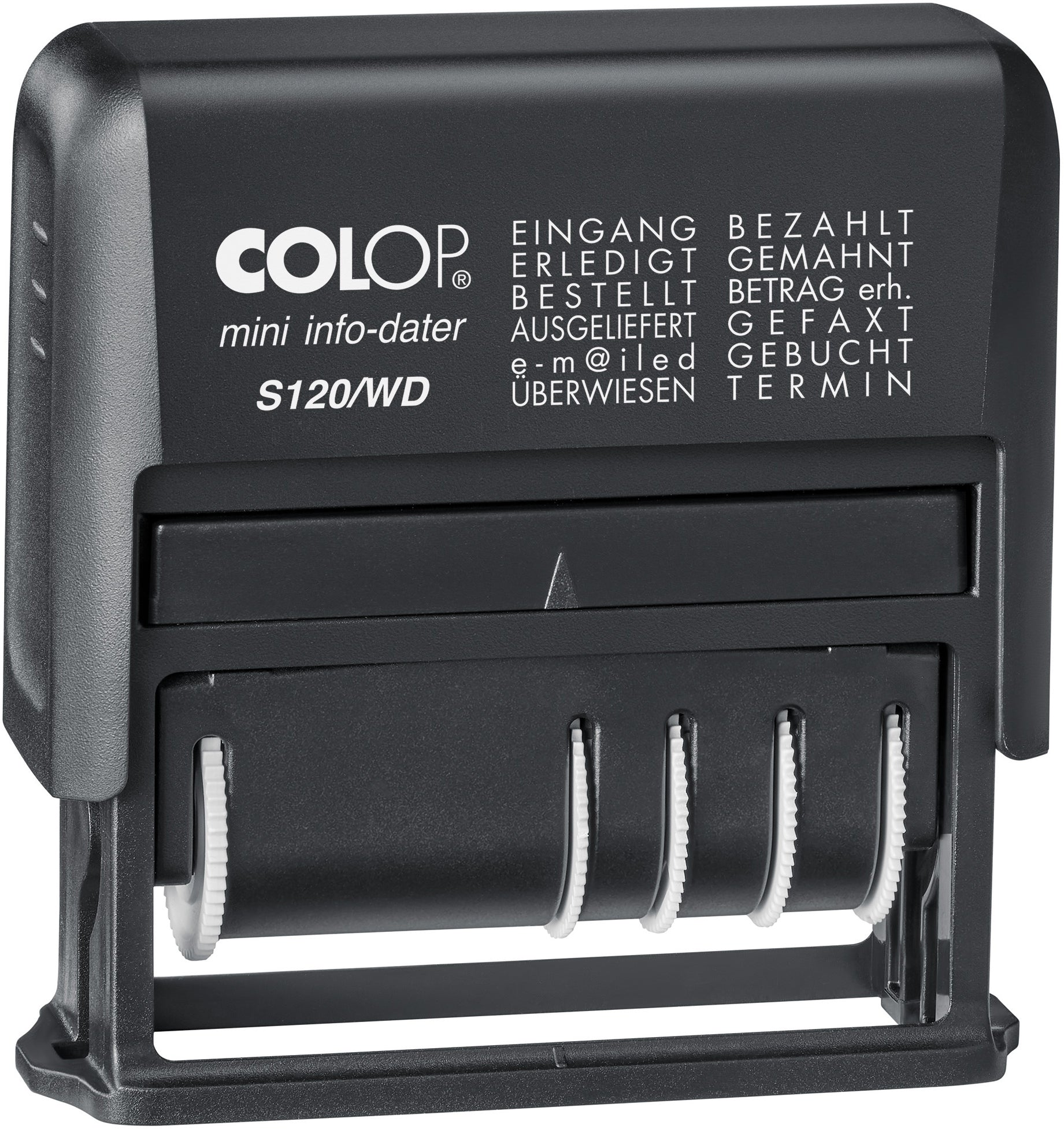 Colop 173005 – Selbstfärbender Wort- & Datumstempel, 12 Texte – Abdruck ca. 42 × 4 mm – blau/rot