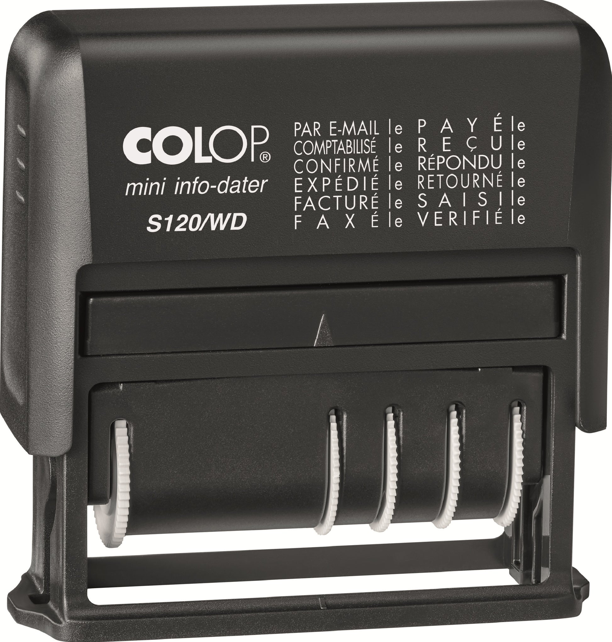 Colop 173025 – Selbstfärbender Wort- & Datumstempel, 12 Texte – Abdruck 42 × 4 mm