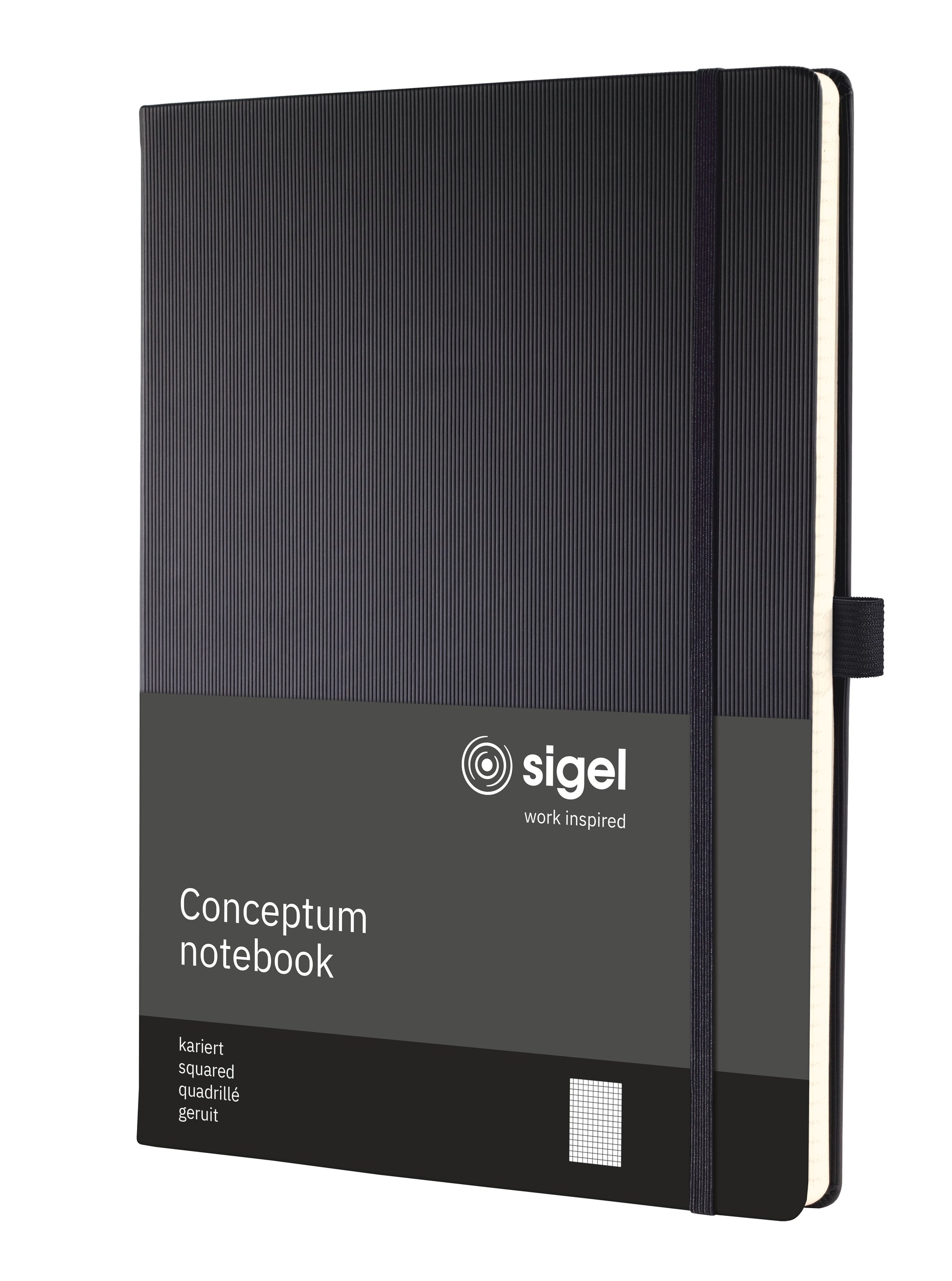 Conceptum Notizbuch – A4 – kariert 5 mm – Hardcover, Gummiband, Stiftschlaufe, schwarz, PEFC