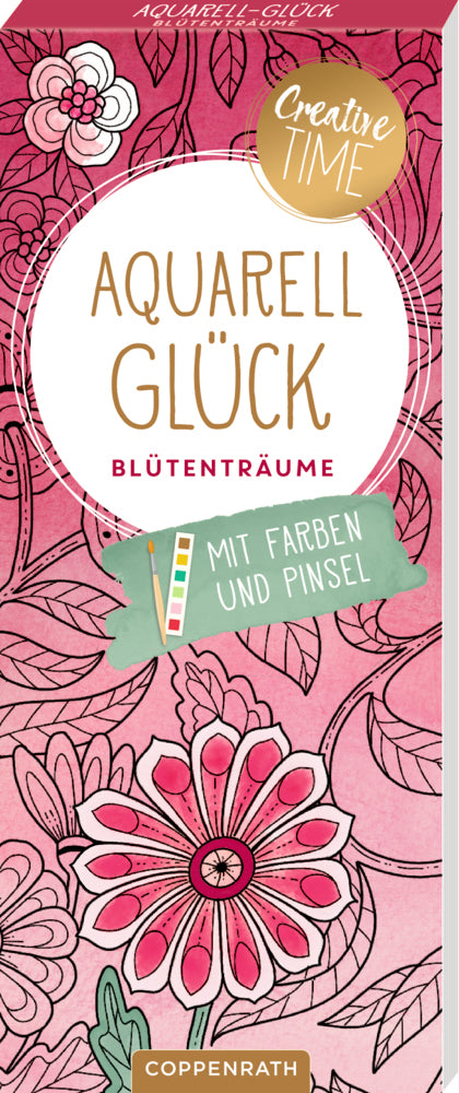Coppenrath Aquarell-Glück – Ausmalblock – Blütenträume – 19 × 8 cm – 40 Seiten, 6 Aquarellfarben + Pinsel