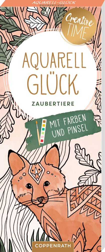 Coppenrath Aquarell-Glück – Ausmalblock – Zaubertiere – 19 × 8 cm – 40 Seiten – 6 Aquarellfarben, Pinsel