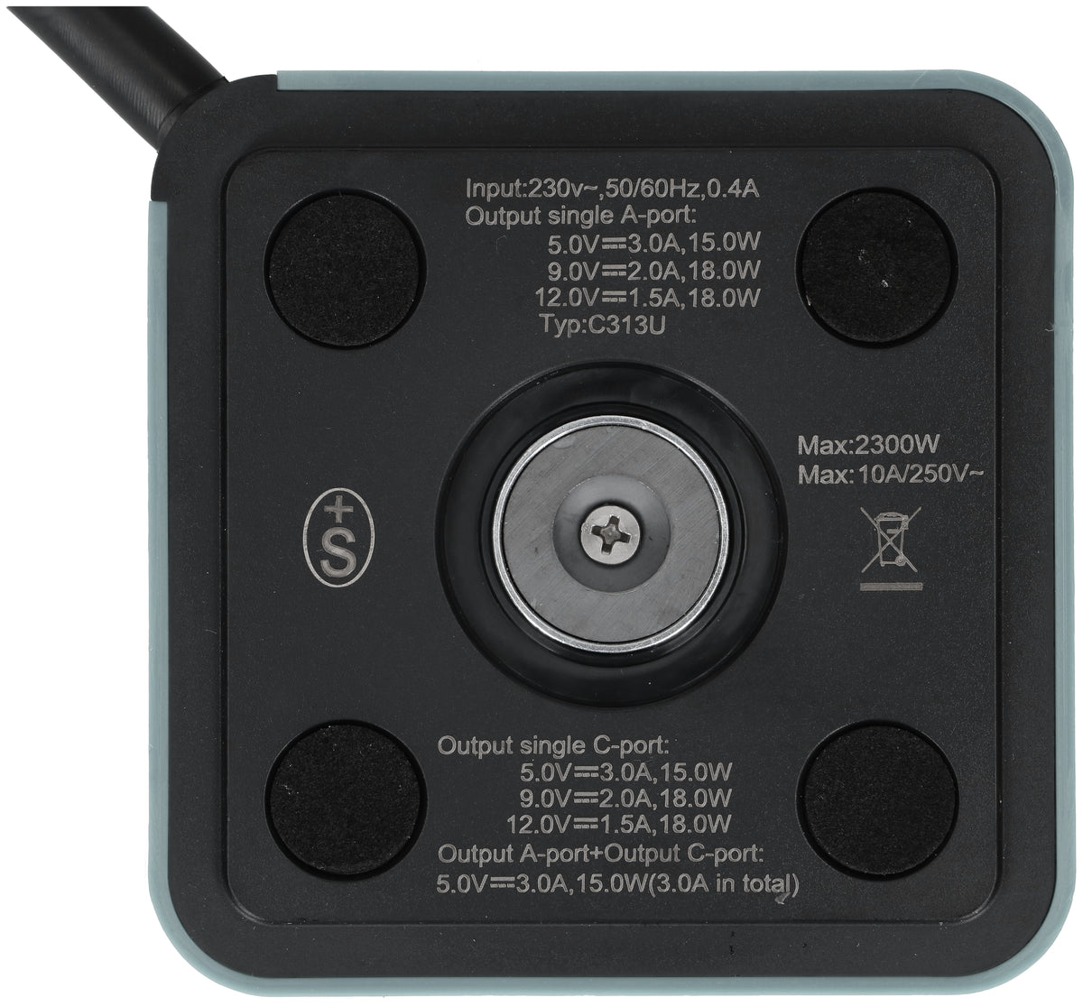 Max hauri split TEX Cube Steckdosenleiste, 3×T13, 1×USB‑A 18 W + 1×USB‑C PD 18 W, mit Schalter, 2 m – türkis/schwarz