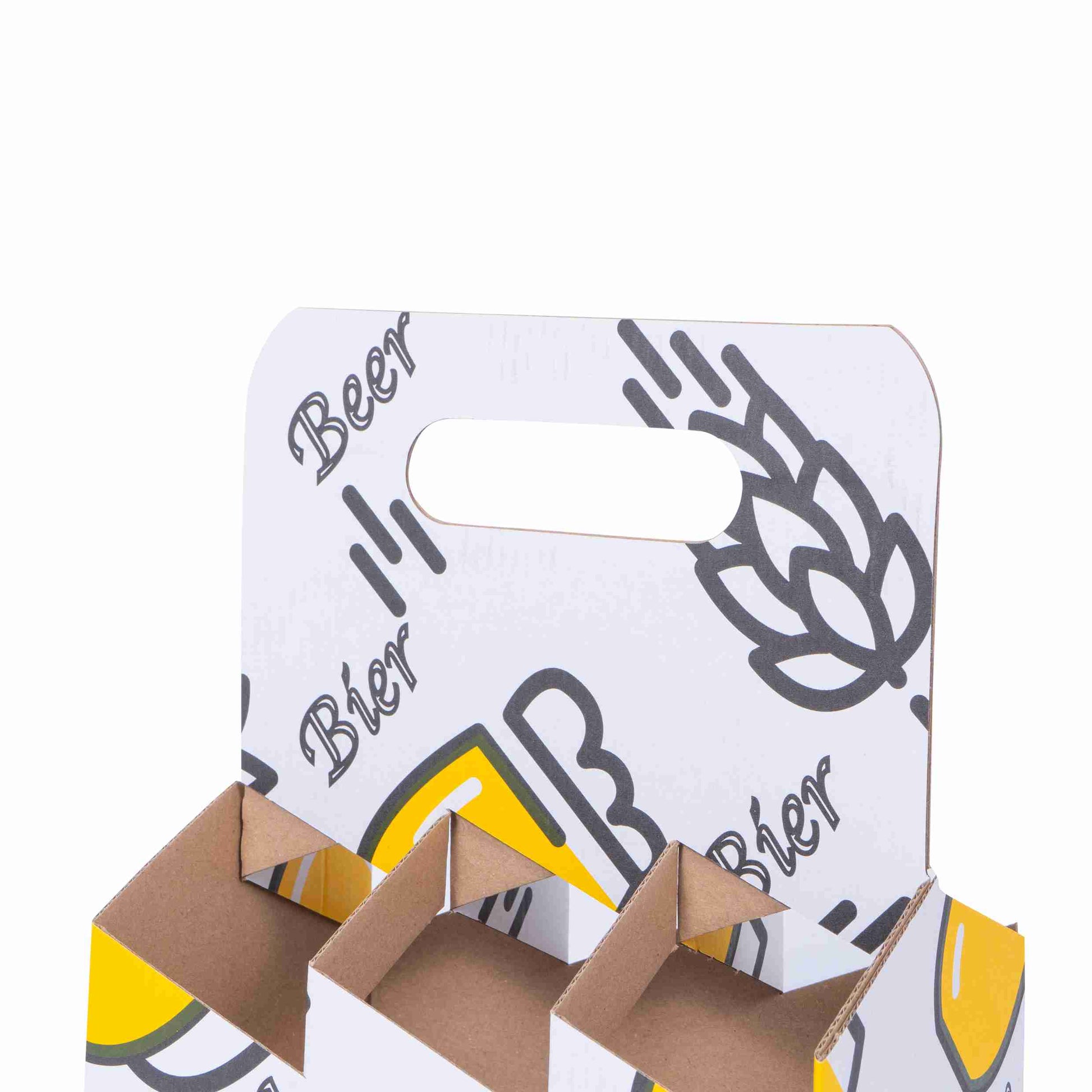 Model Präsentkarton – 183 × 186 × 123 mm – Wellpappe, mit Tragegriff – für 6 × 0,33 l Flaschen – 1 Stk., ab 20 Stk.