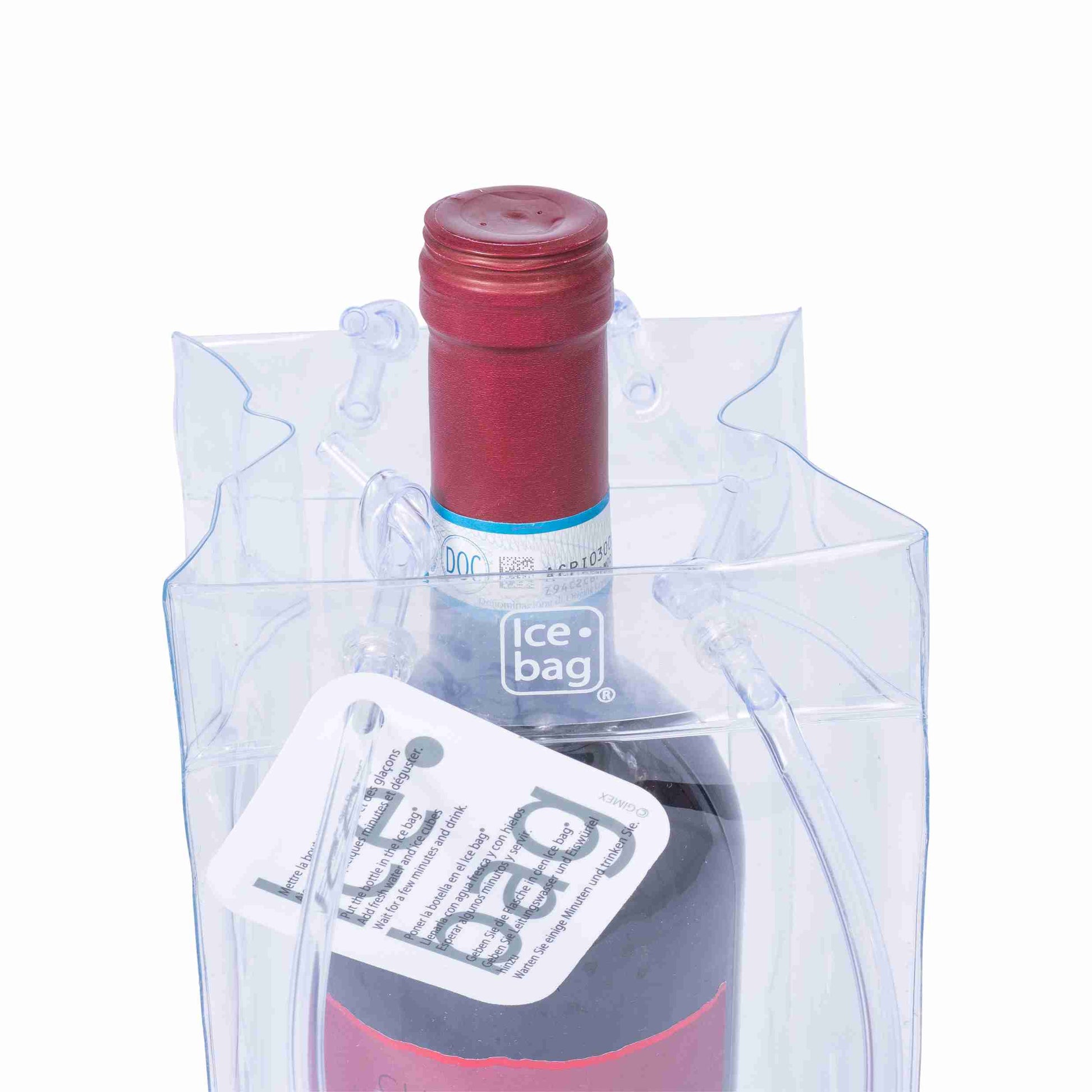 Ice bag Flaschentüte transparent Kunststoff mit Kordel – 110 × 110 × 260 mm – für 1 Flasche – 1 Stk., ab 120 Stk.