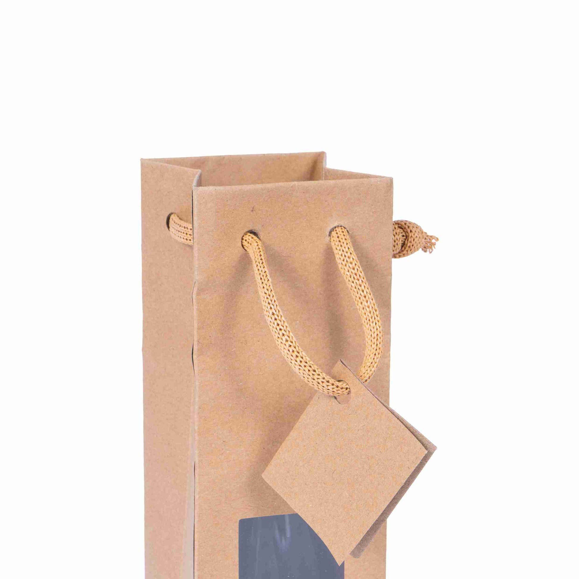 Flaschentüte Kraftpapier natur – 72 × 310 × 68 mm – Sichtfenster, Kordel – für 1 Flasche – 1 Stk., ab 60 Stk.