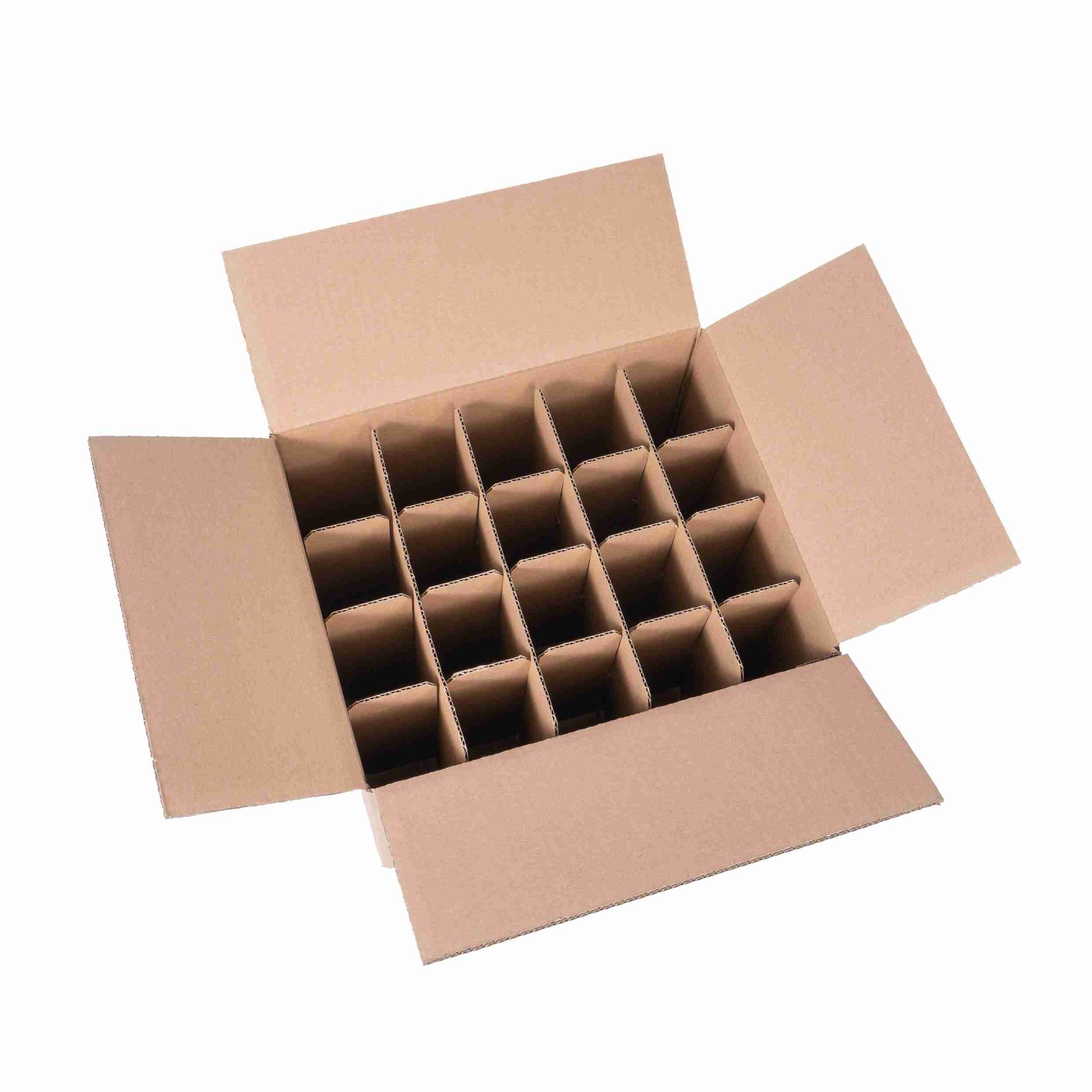 Model Flaschenversandkarton – für 20 × 0,25 l, max. 190 mm & Ø56 mm – 300 × 240 × 200 mm, braun, Kantenschutz – 1 Stk., ab 50 Stk.