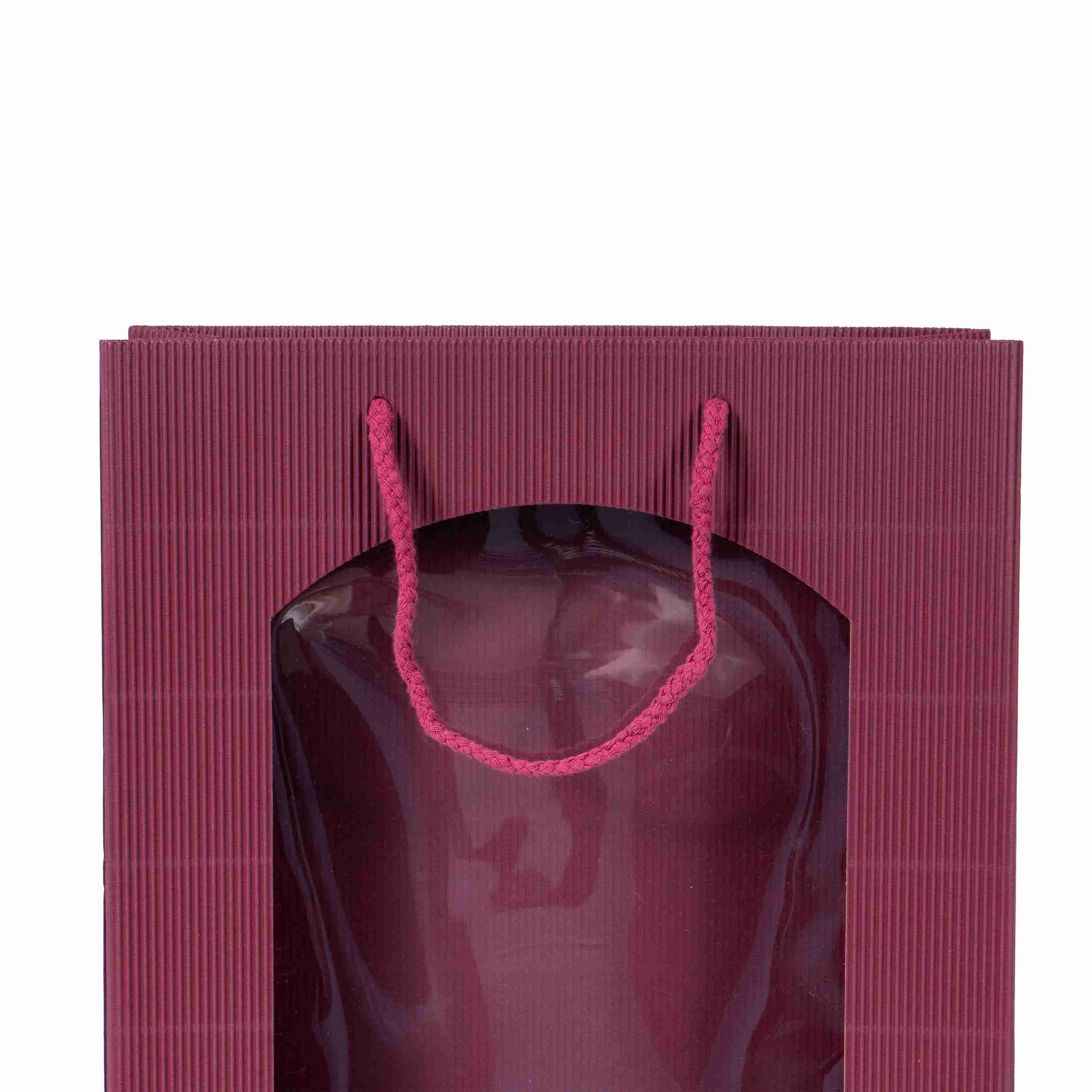 Model Geschenktasche Sichtfenster offene Welle bordeaux – 170 × 360 × 85 mm – für 2 Flaschen – 1 Palette (2'000 Stk.)