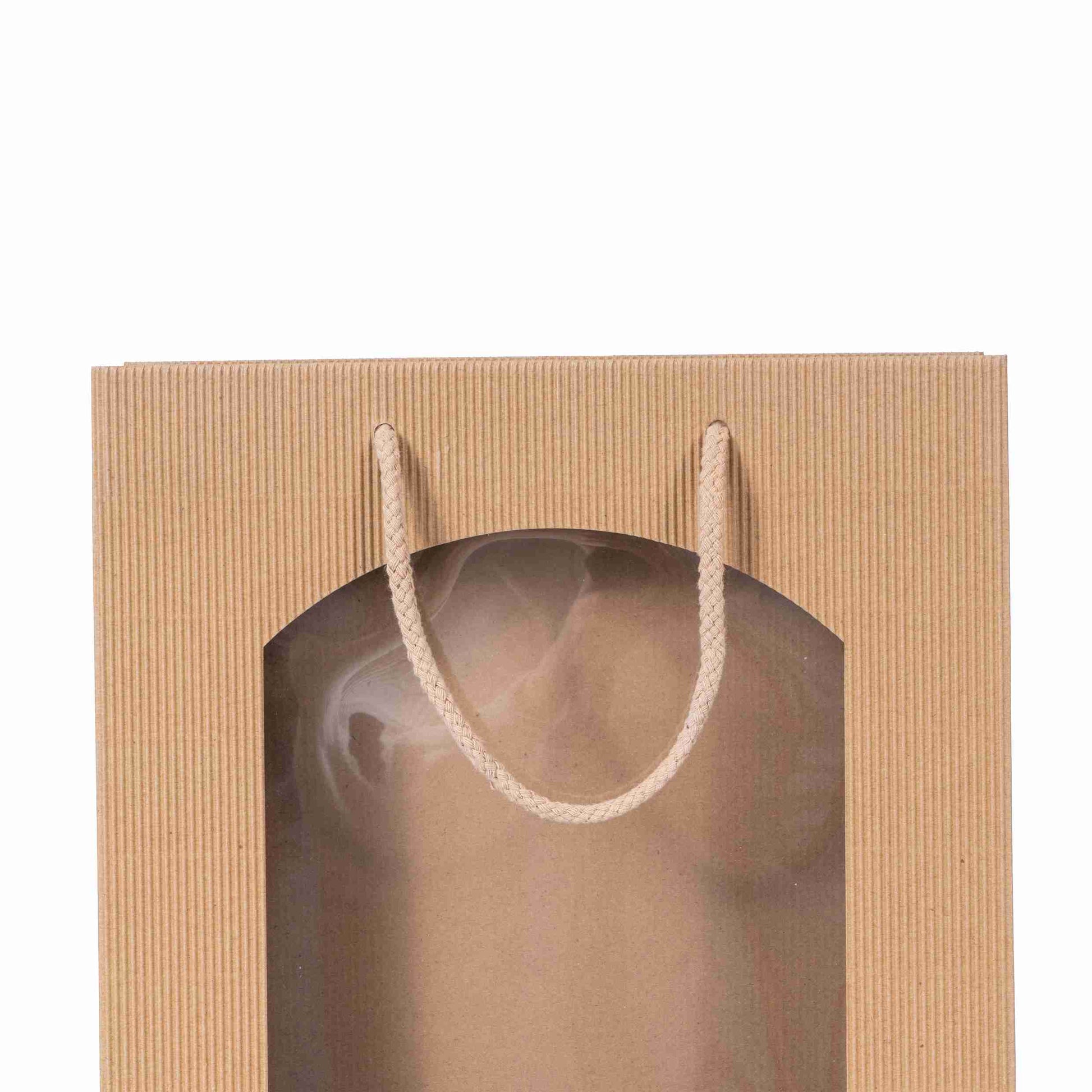 Model Geschenktasche offene Welle mit Sichtfenster natur – 100 × 360 × 85 mm – für 1 Flasche – 1 Stk., ab 20 Stk.