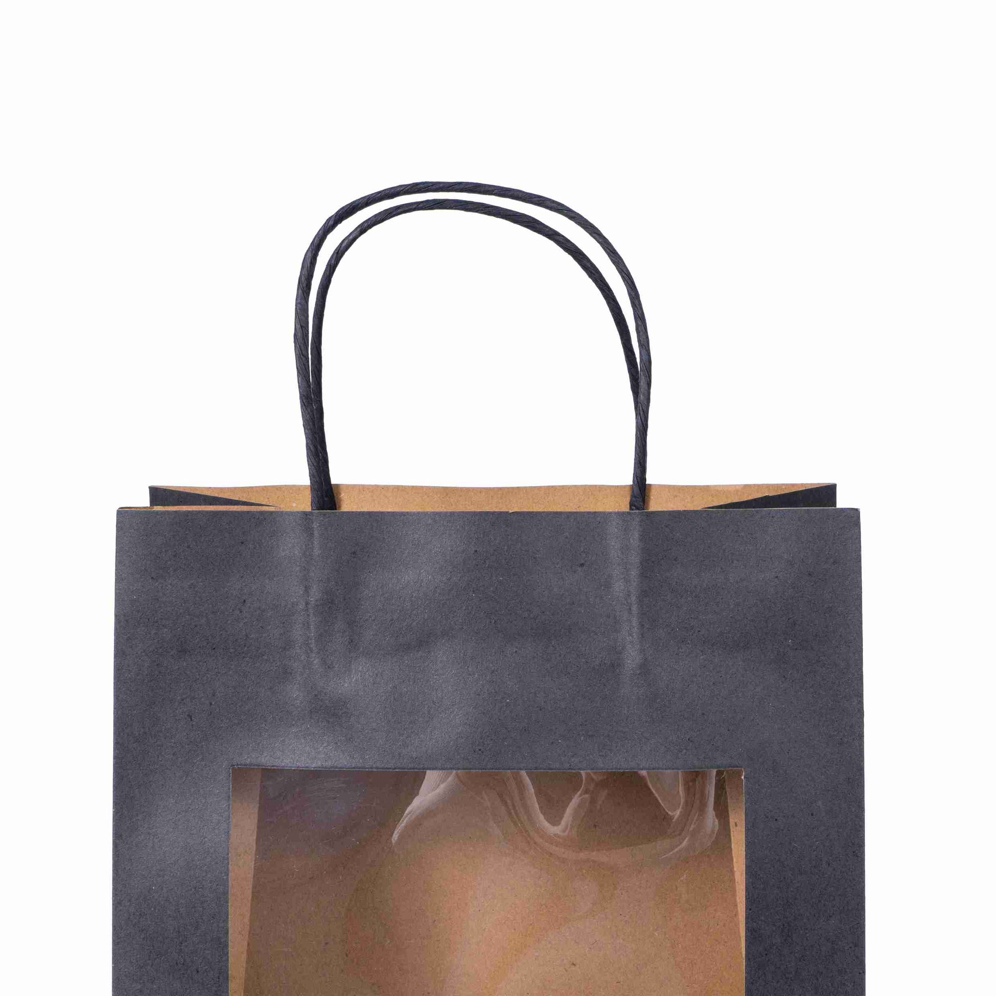 Model Geschenktasche schwarz – 115 × 147 × 65 mm – Sichtfenster, Kordel – 1 Stk., ab 50 Stk.