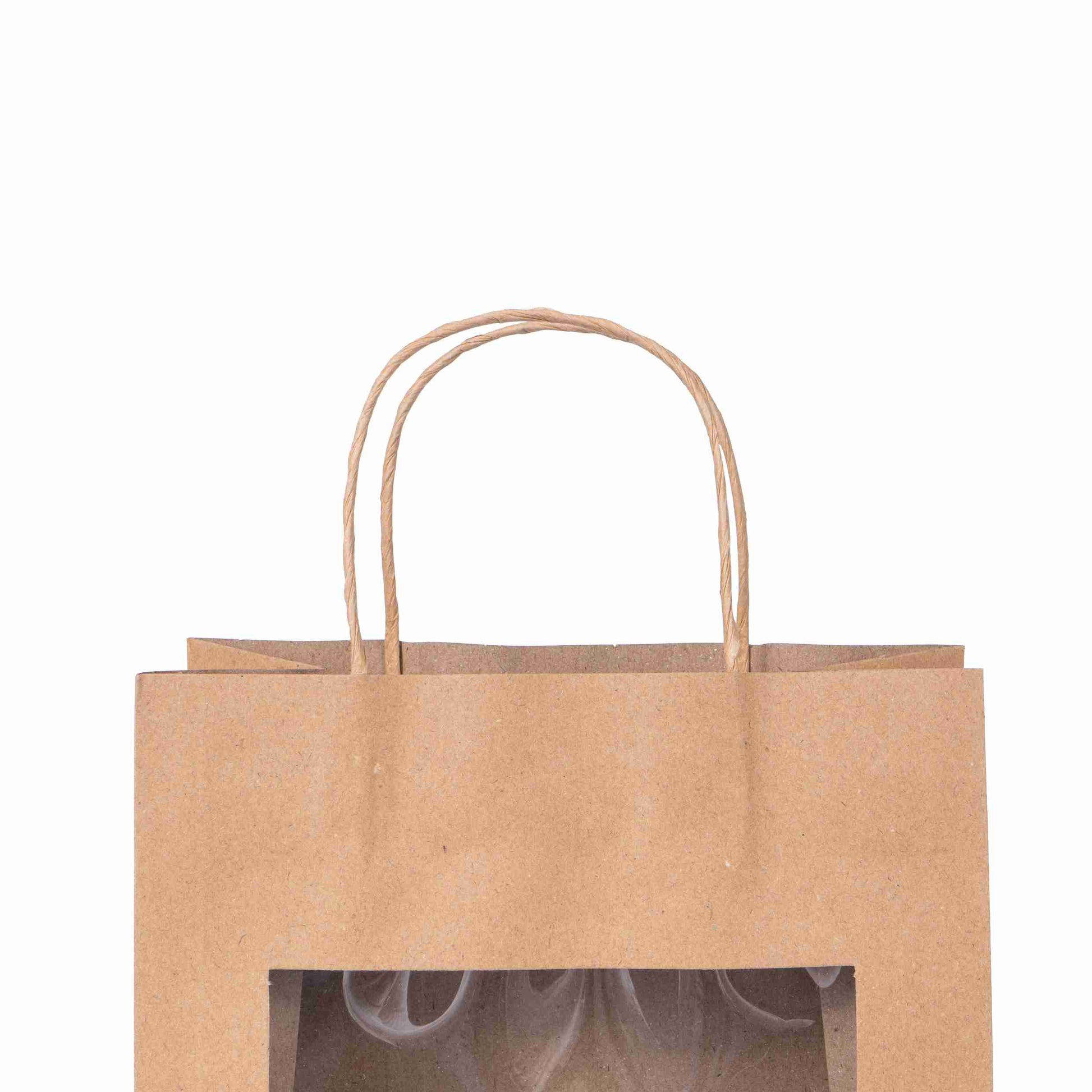 Geschenktasche braun – 115 × 147 × 67 mm – Sichtfenster, Blockboden – 1 Stk., ab 100 Stk.