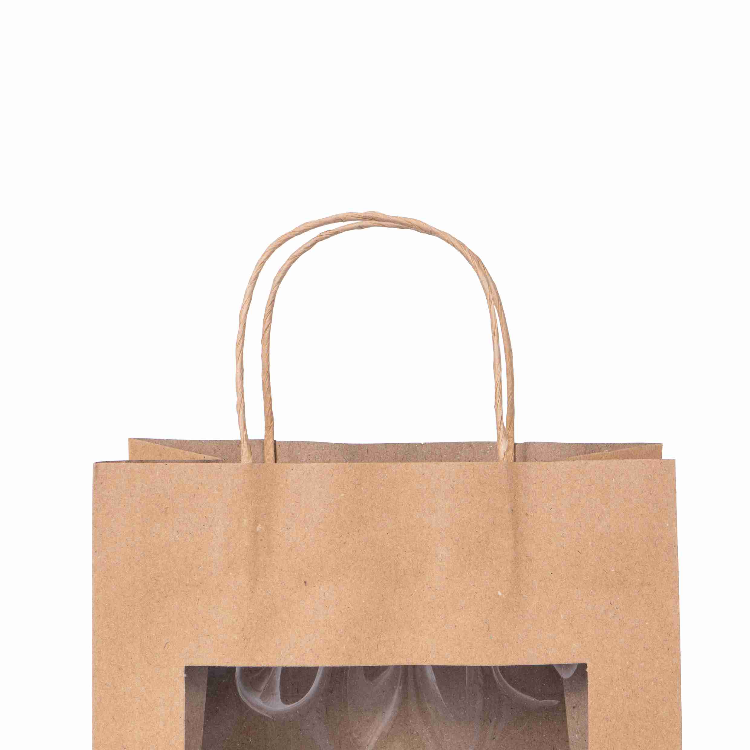 Model Geschenktasche Papier braun – 220 × 280 × 110 mm – mit Sichtfenster, Blockboden – 1 Stk., ab 108 Stk.