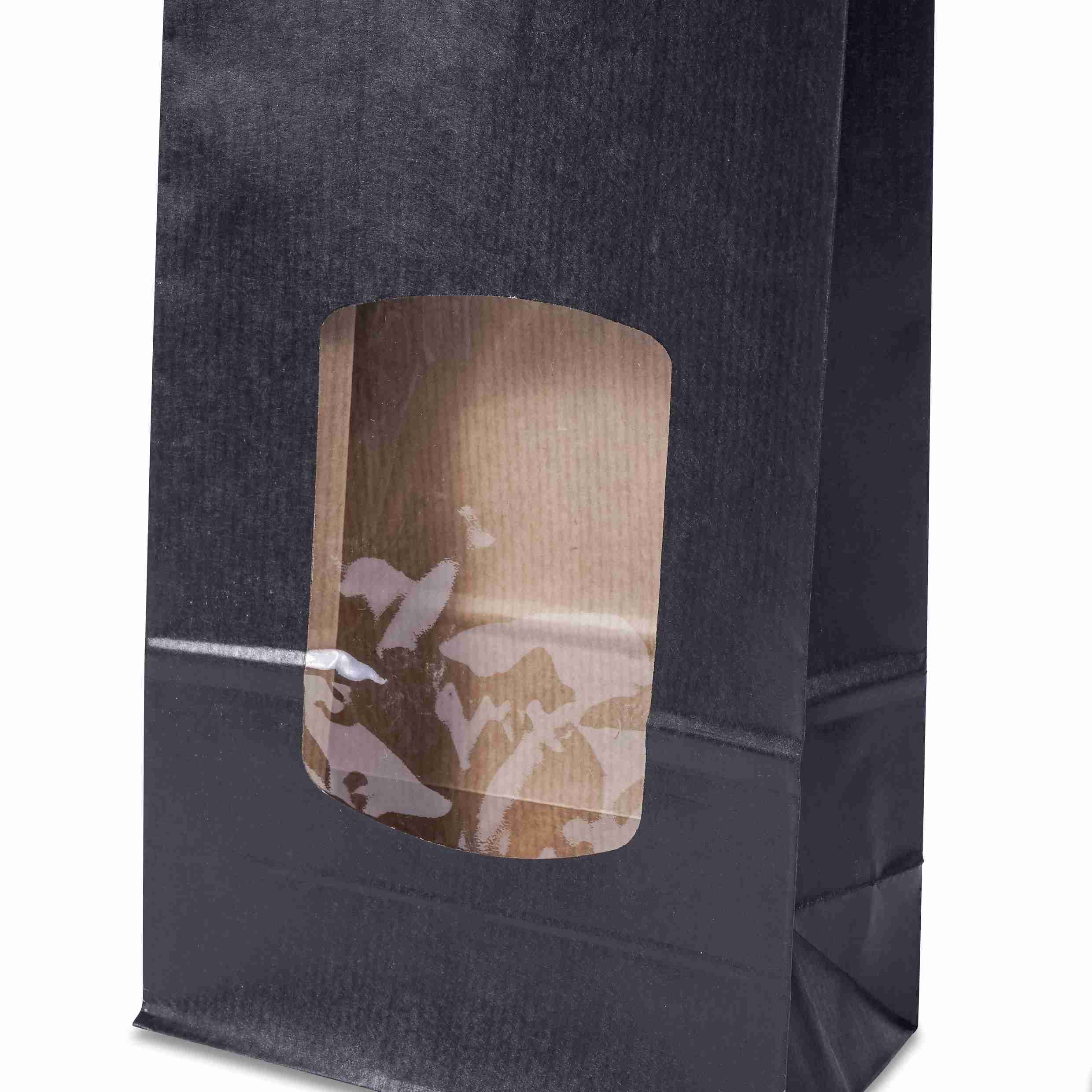 Model Mehrzweckbeutel – 100 × 55 × 290 mm, schwarz, Kraftpapier, Sichtfenster – 1 Palette (30'000 Stk.)