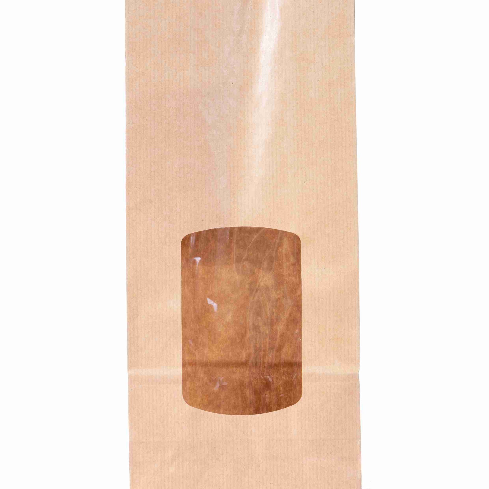 Model Beutel – 85 × 50 × 210 mm, braun, Kraftpapier, Sichtfenster, lebensmittelecht – 1 Palette (43'200 Stk.)