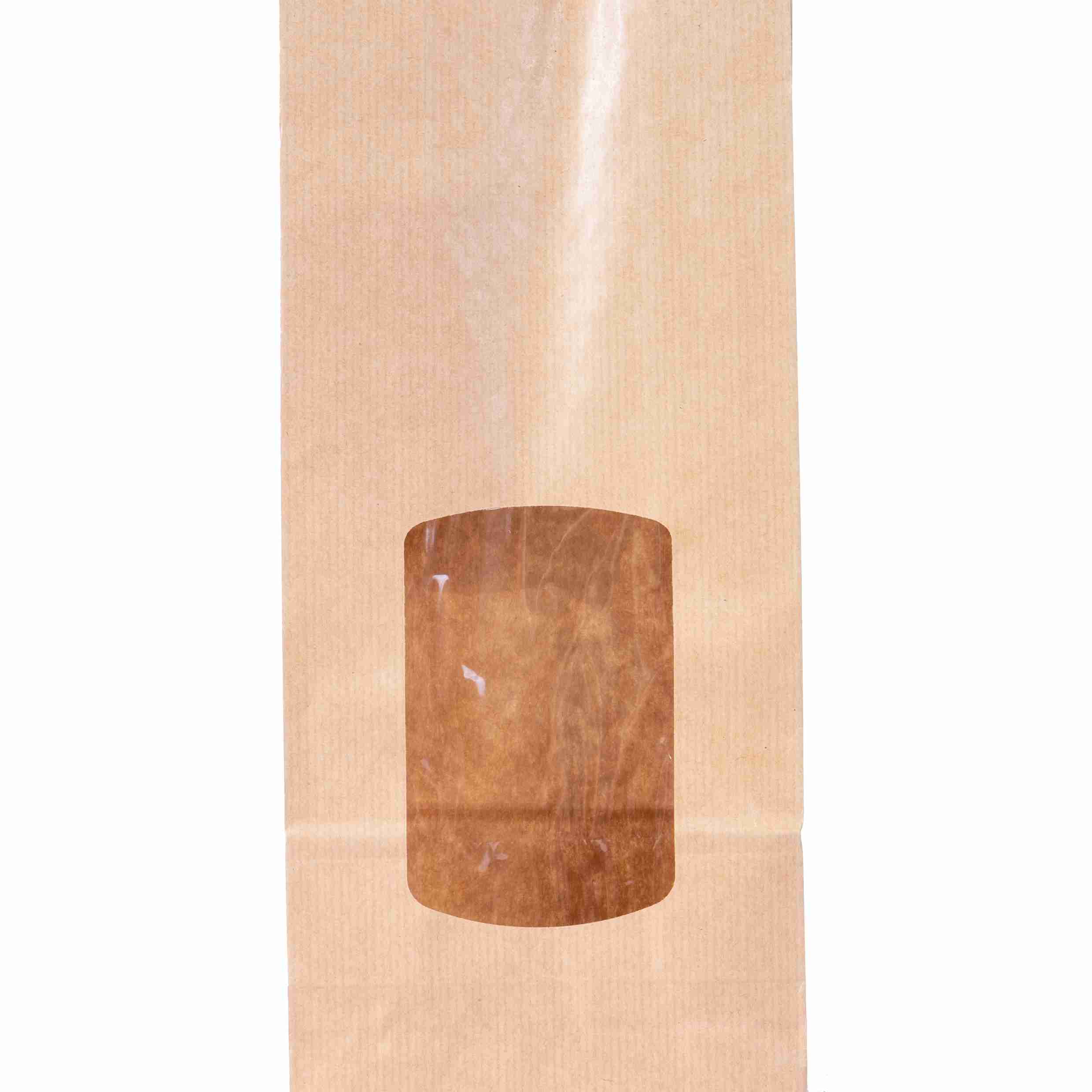 Model Beutel – 85 × 50 × 210 mm, braun, Kraftpapier, Sichtfenster, lebensmittelecht – 1 Palette (43'200 Stk.)