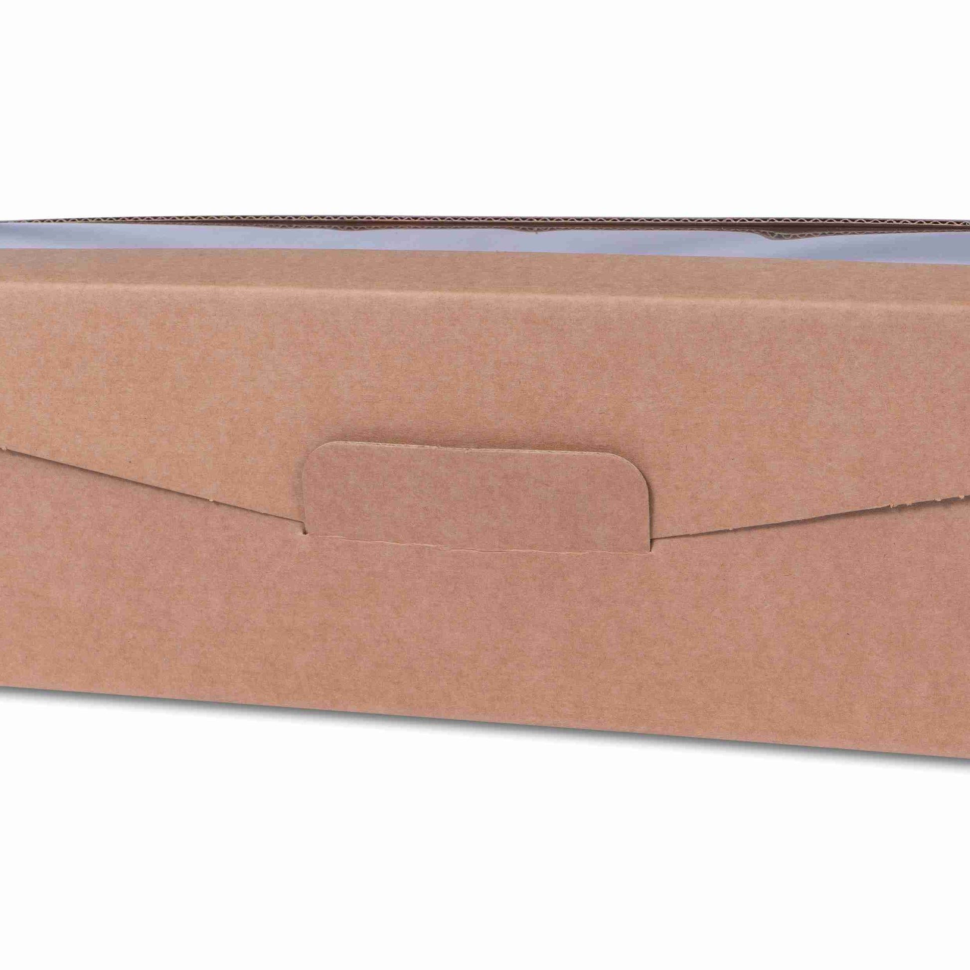Model Geschenkbox Wellpappe braun – 95 × 380 × 90 mm – Klappdeckel, Sichtfenster – für 1 Flasche (max. H 380 m – 1 Palette (1'250 Stk.)