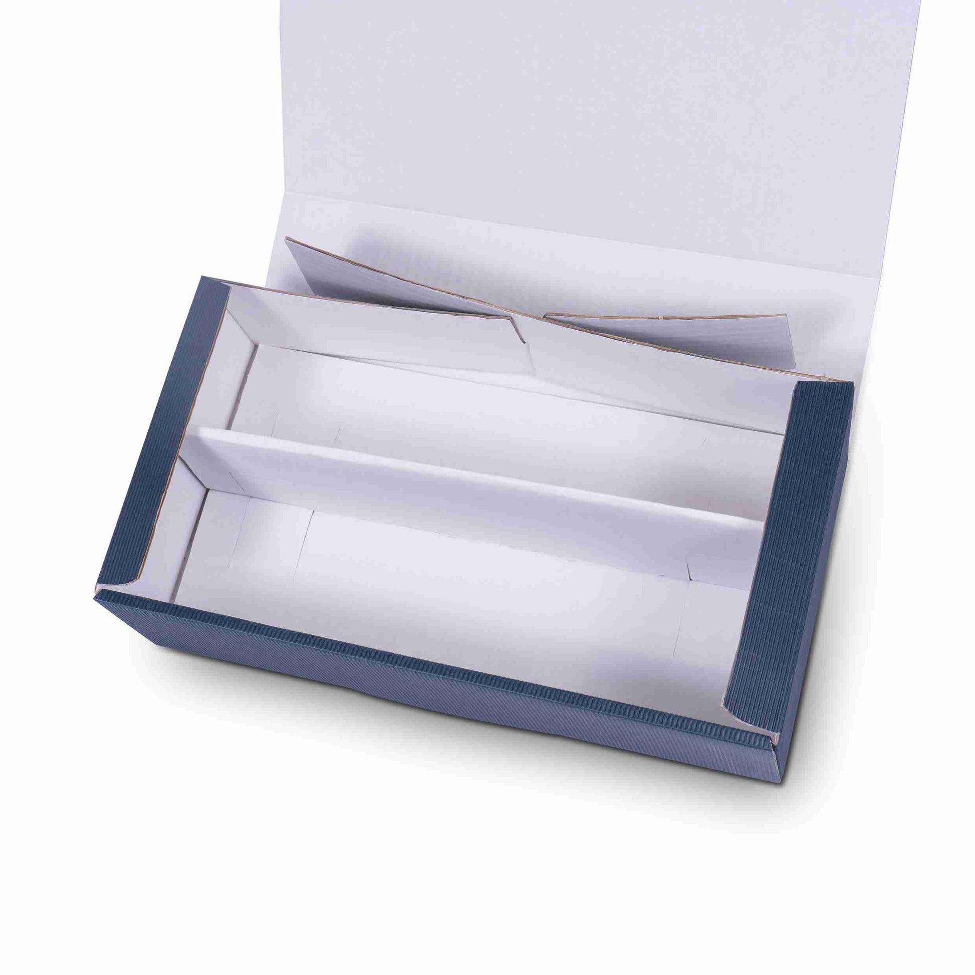 Model Weinpräsentkarton Wellpappe dunkelblau – Innenmass 180 × 360 × 90 mm – für 2 Flaschen – 1 Stk., ab 200 Stk.