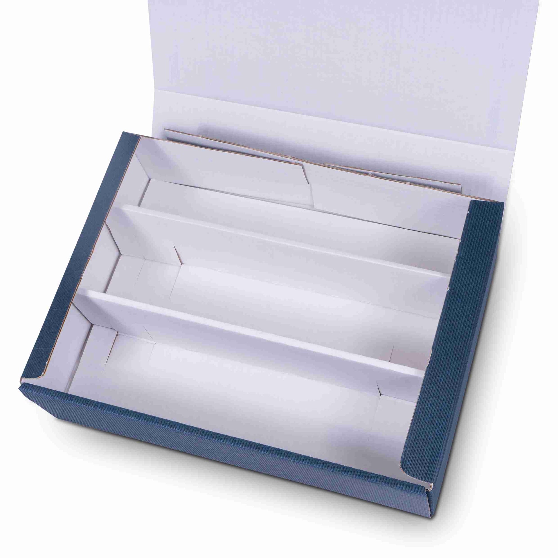 Weinpräsentkarton, Wellkarton, dunkelblau – Innenmass 250 × 360 × 90 mm – für 3 Flaschen – 1 Stk., ab 200 Stk.