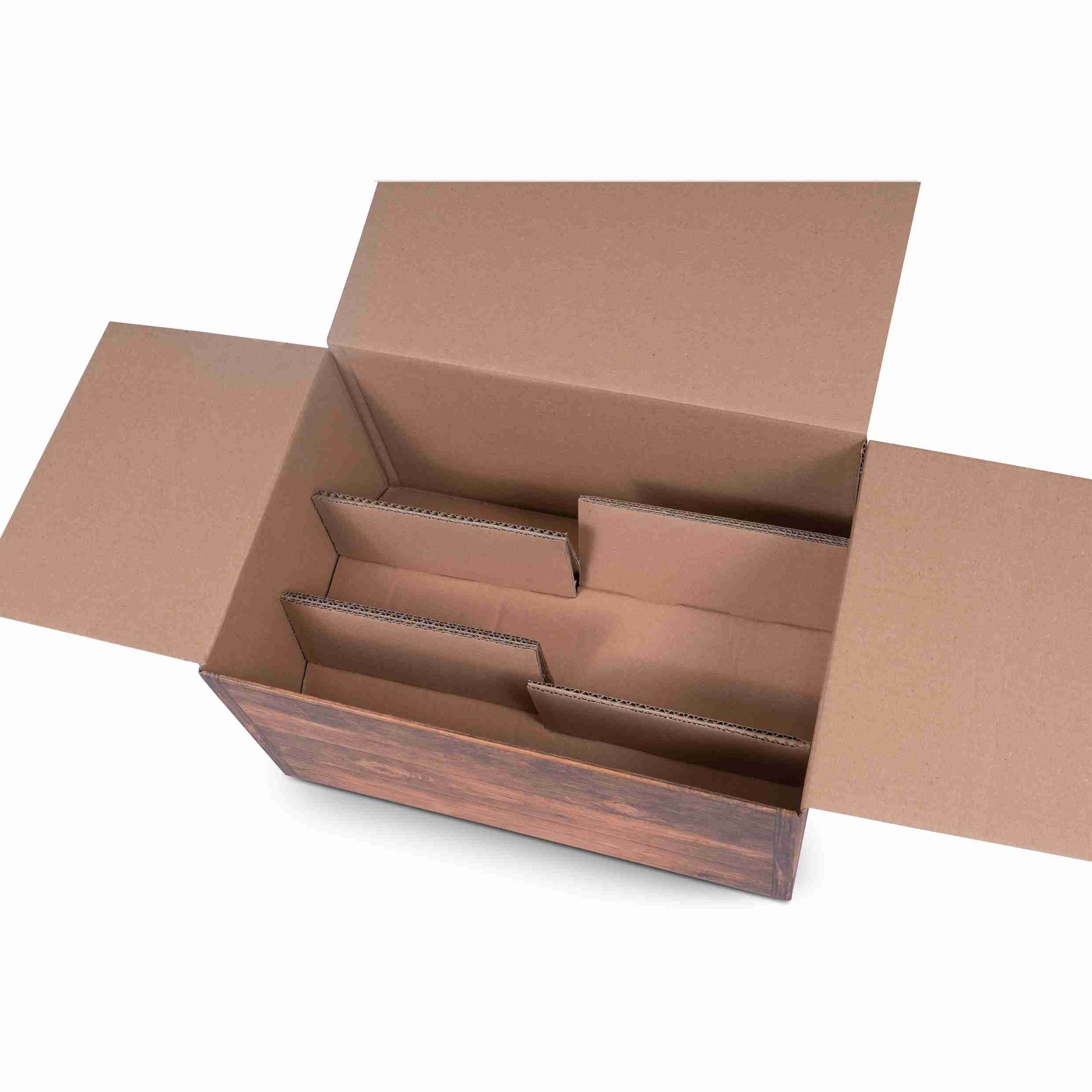 Model Weinpräsentkarton holzfarben – Innenmass 255 × 380 × 195 mm – für 6 Flaschen – 1 Palette (400 Stk.)
