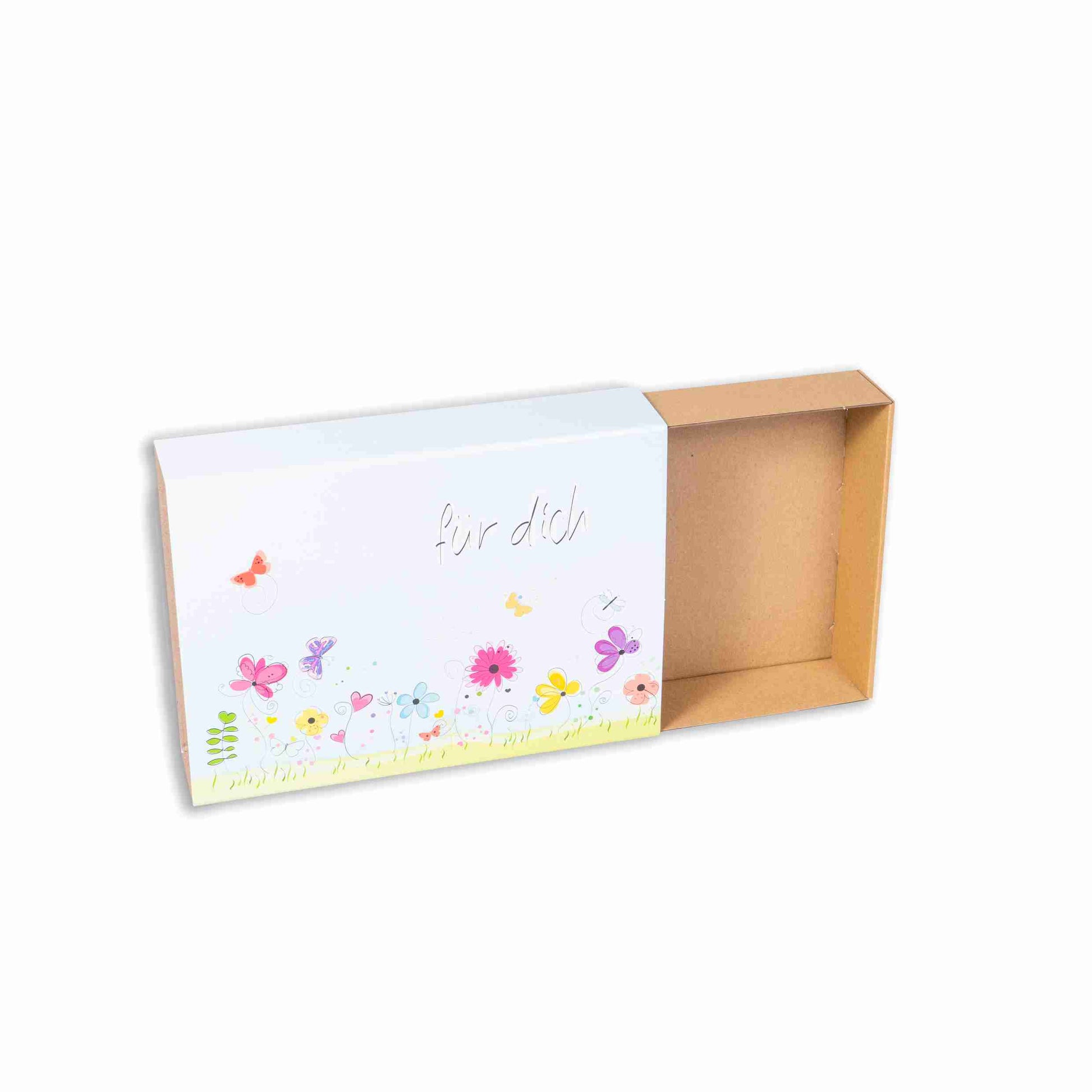 Geschenkbox Blumenwiesen-Motiv, Wellkarton – 250 × 50 × 180 mm – 1 Stk., ab 200 Stk.