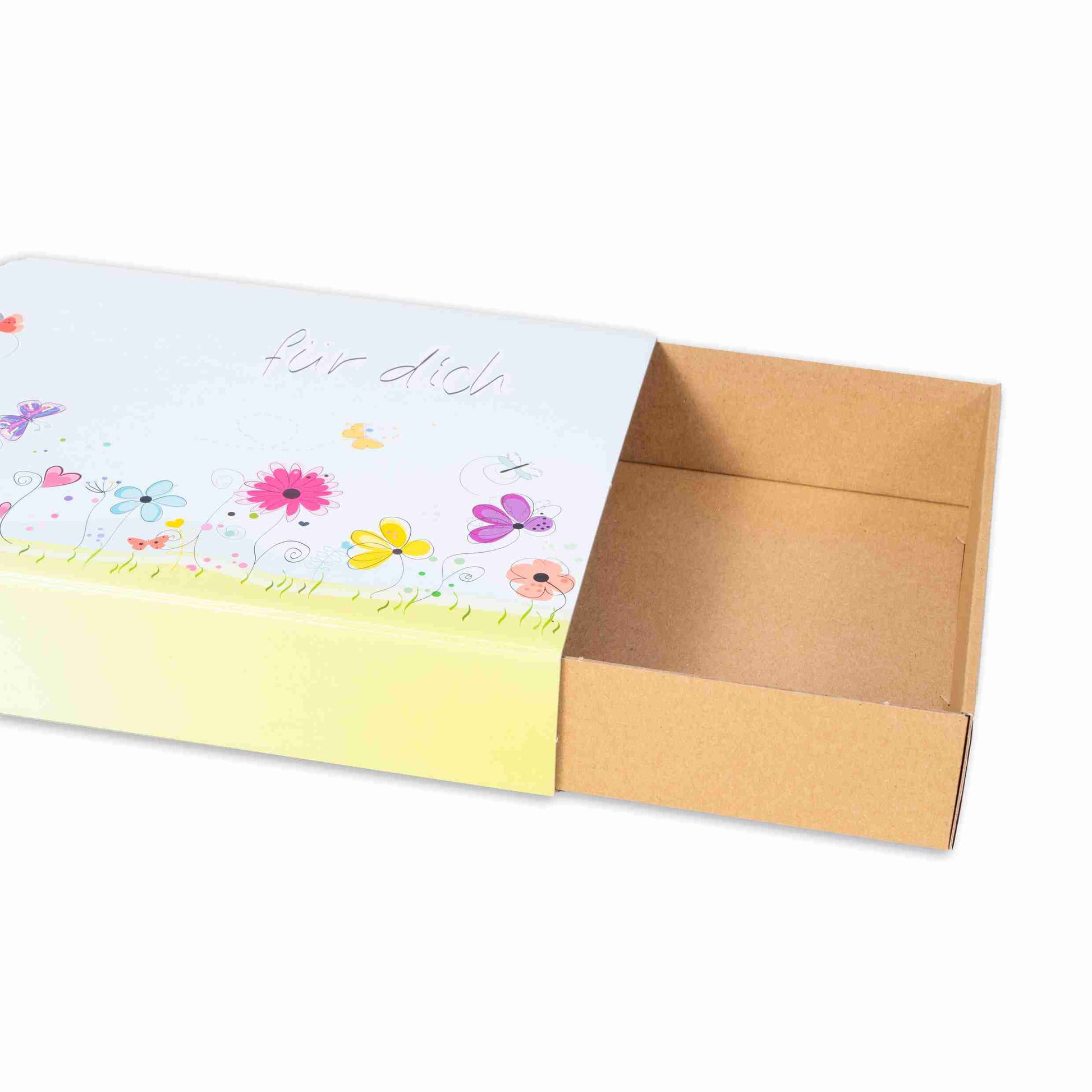 Model Geschenkbox Blumenwiesen-Motiv, Wellpappe – 250 × 50 × 180 mm – 1 Stk., ab 50 Stk.