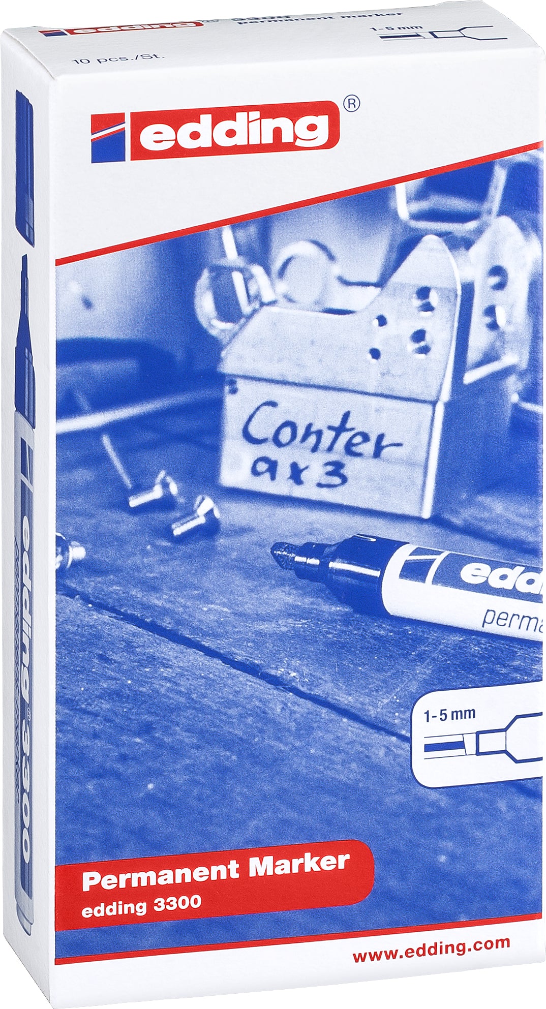 Edding 3300 Permanentmarker – Keilspitze 1–5 mm – Rot, 10er-Pack – für Metall, Kunststoff und Glas