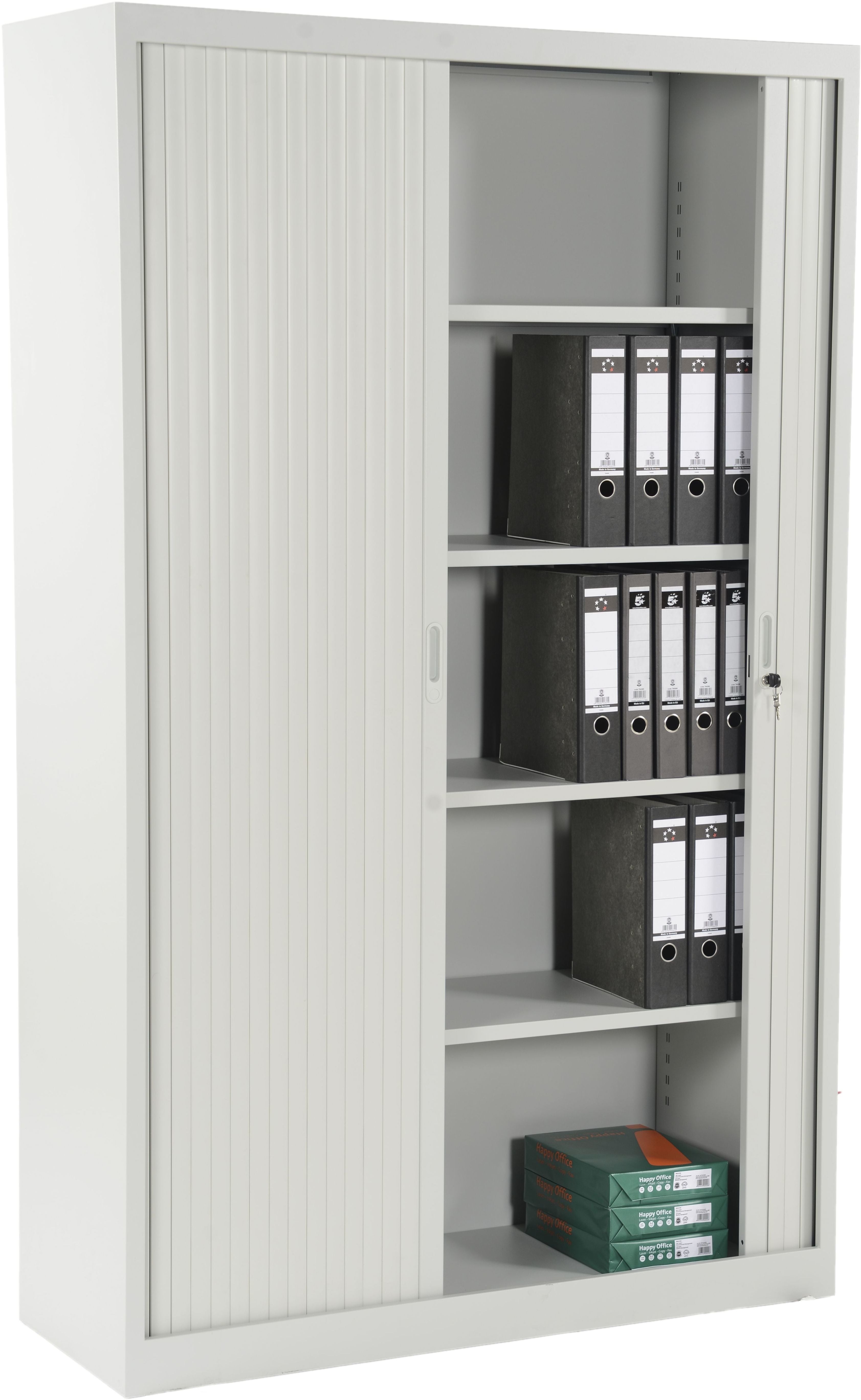 Edgy RS05/7035 – Rollladenschrank, 5 Ordnerhöhen, abschliessbar, 450 × 1'220 × 1'950 mm, lichtgrau, Stahlblech