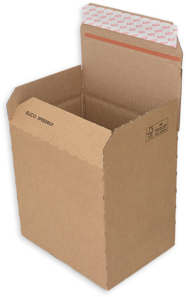 Elco Versandkarton Speedbox – 530 × 330 × 20 mm, C-Welle, selbstklebend, Automatikboden, braun