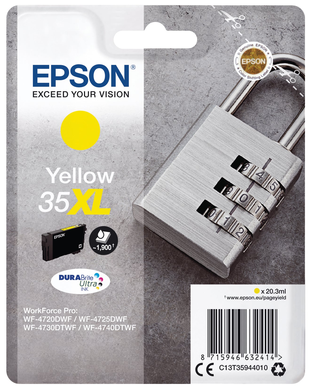 Epson T359440XL Gelbe Tintenpatrone (Original) – 1'900 Seiten – für WorkForce Pro WF-4740DTWF/4730DTWF …