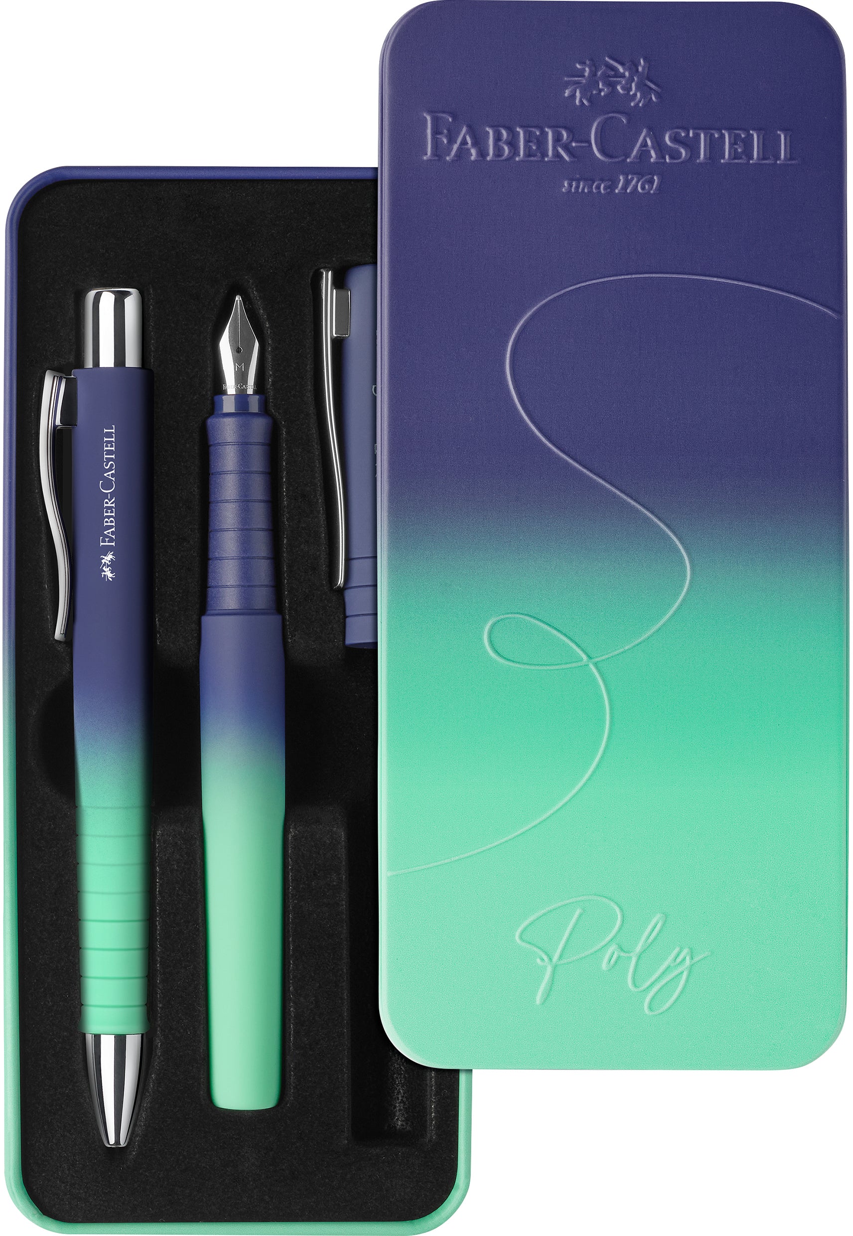 Faber-Castell Poly Ball Schreibgeräte-Set – Kugelschreiber + Füllfederhalter – Federbreite M – Blau – 2-teilig