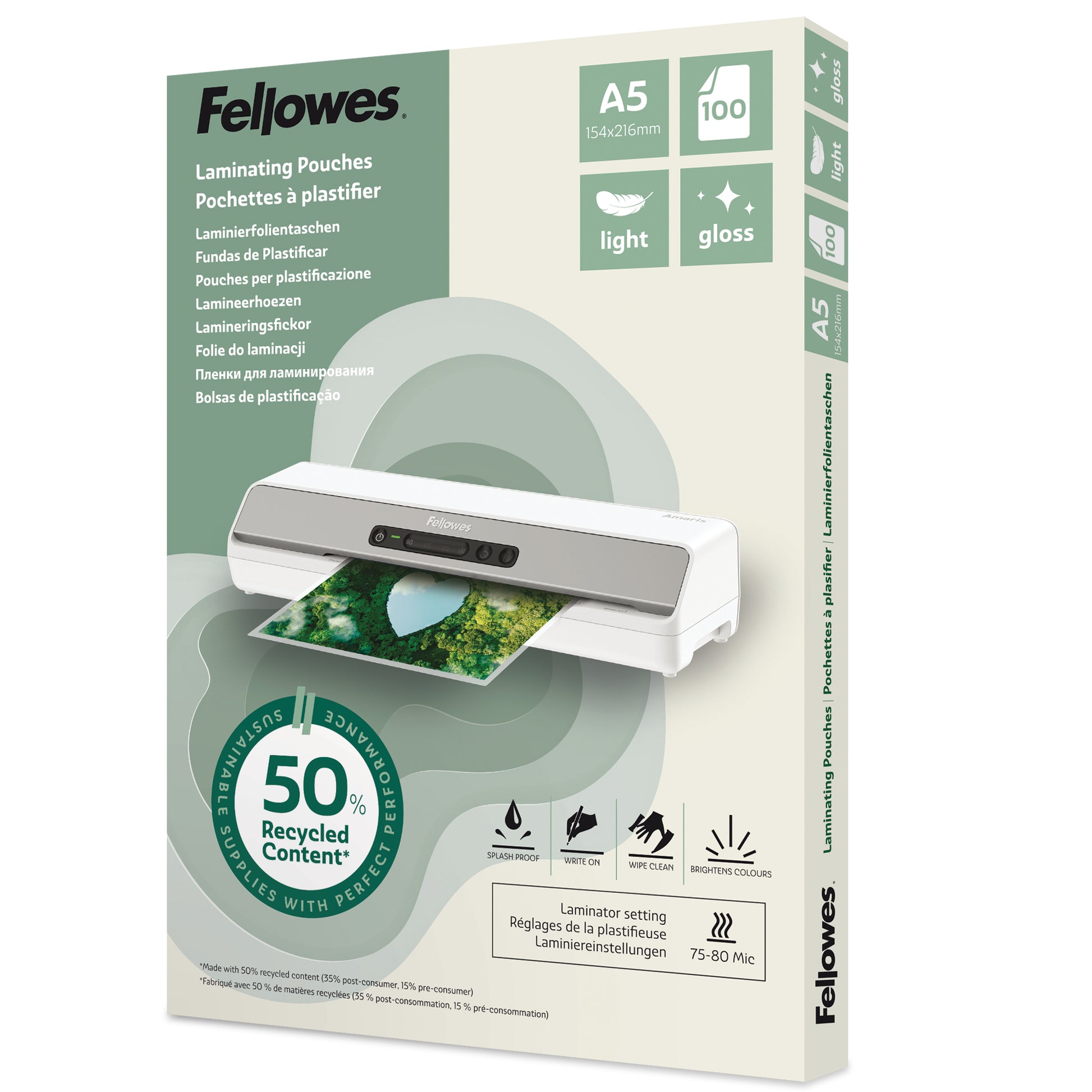 Fellowes Laminierfolien A5 – 80 µm, glänzend, 100 Stück